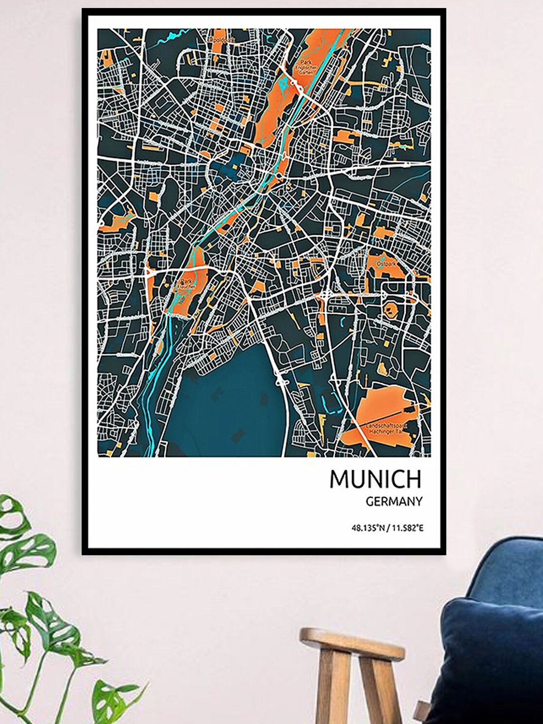 Gallery99 White & Blue Munich Map Canvas Unframed Painting
