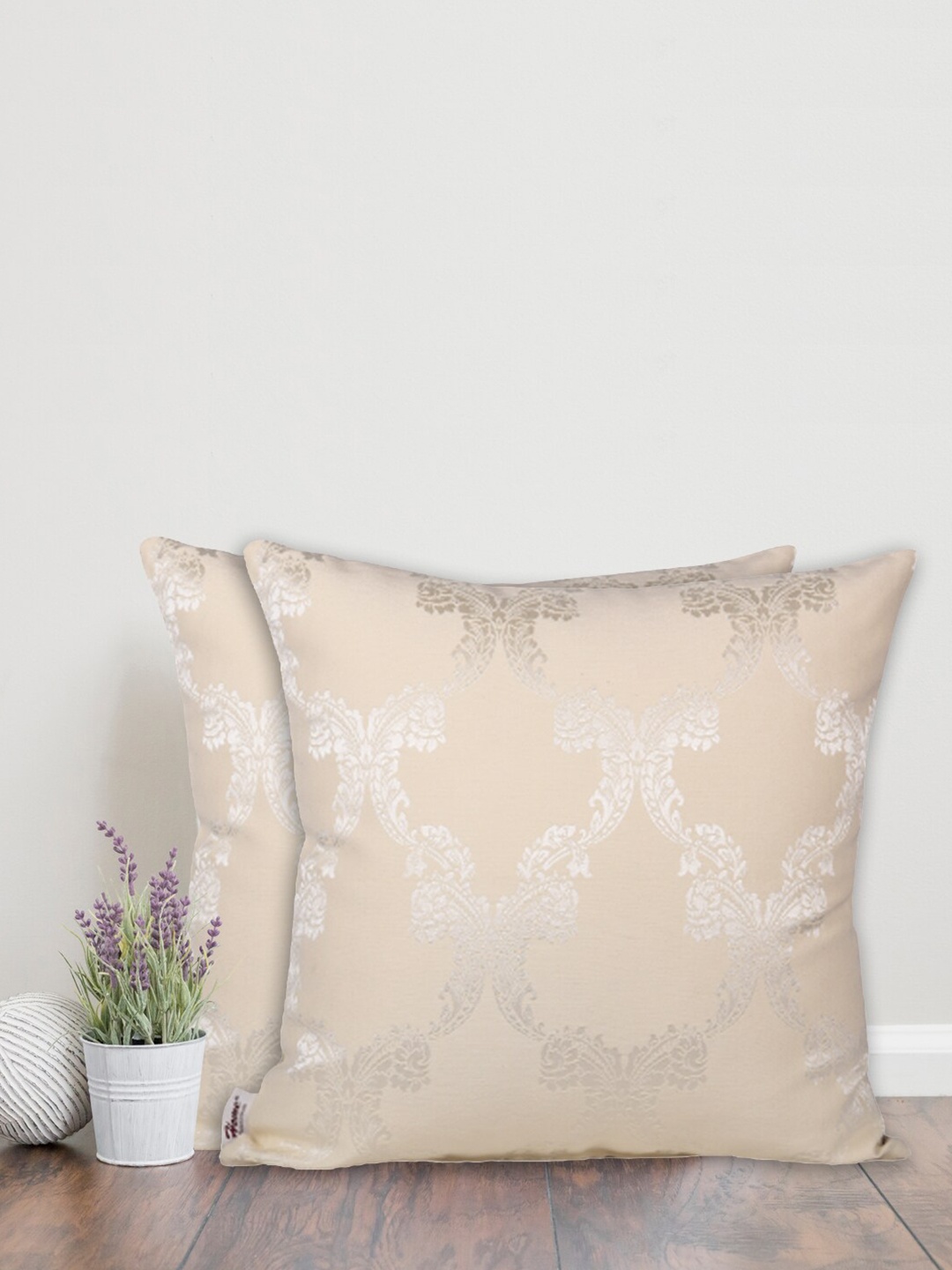 Home Cream-Coloured & Silver-Toned Set of 2 Ethnic Motifs Square Cushion Covers