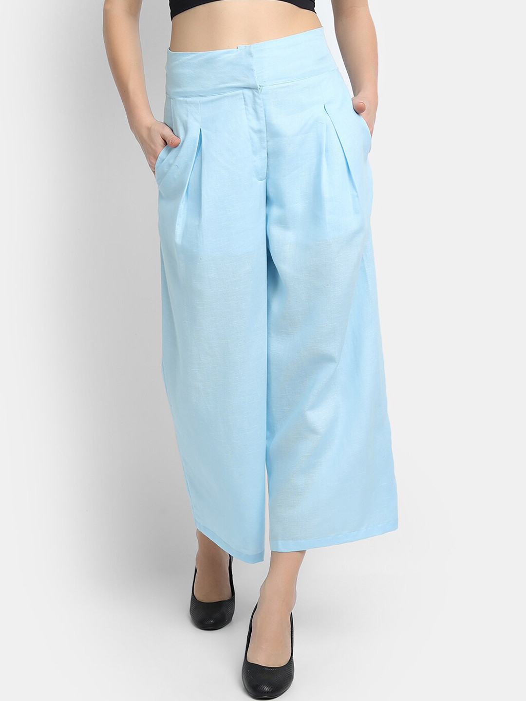 

LY2 Women Turquoise Blue Loose Fit Pleated Trousers