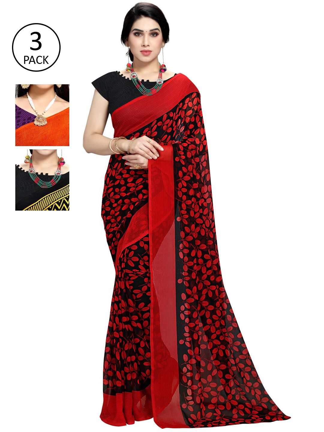 

KALINI Pack of 3 Printed Poly Georgette Sarees, Multi