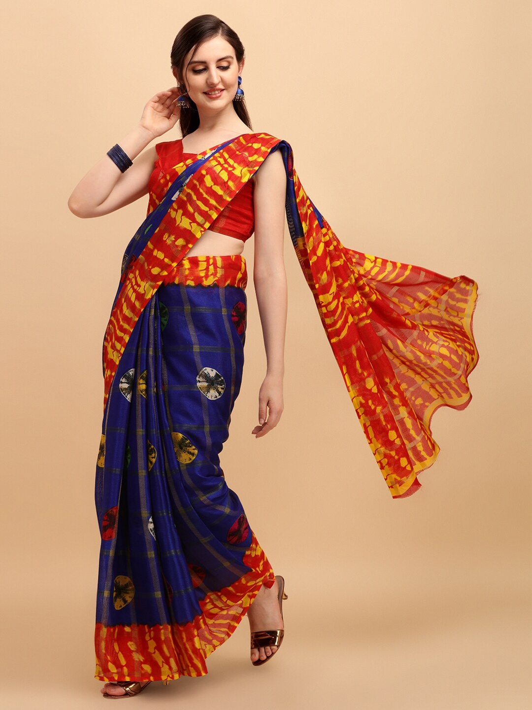 

KALINI Navy Blue & Red Tie and Dye Cotton Blend Kota Saree
