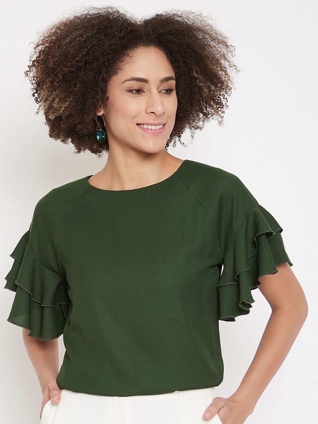 

La Zoire Women Olive Green Flutter Sleeve Georgette Regular Top
