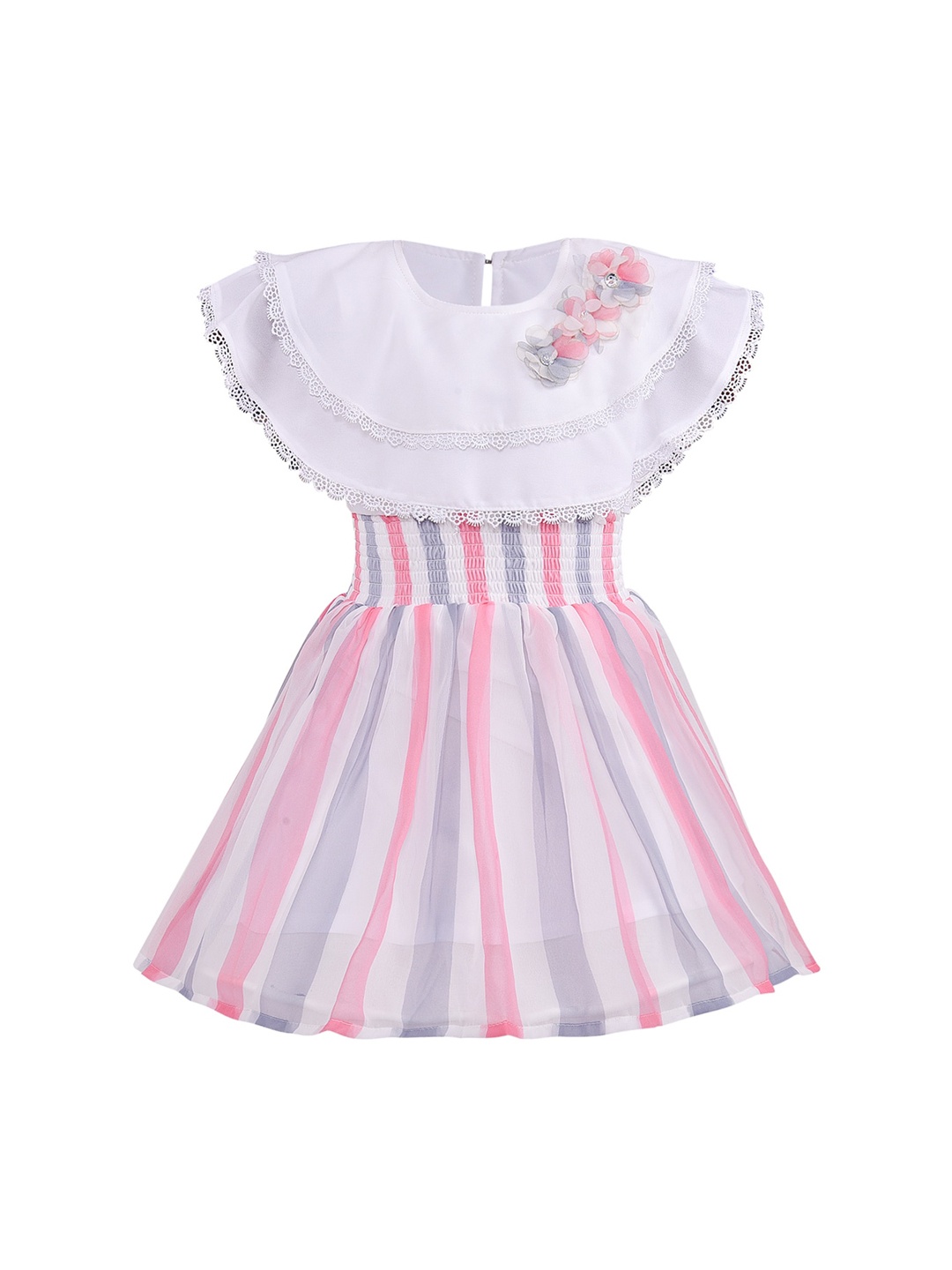 

Wish Karo Girls White & Pink Striped Georgette Dress