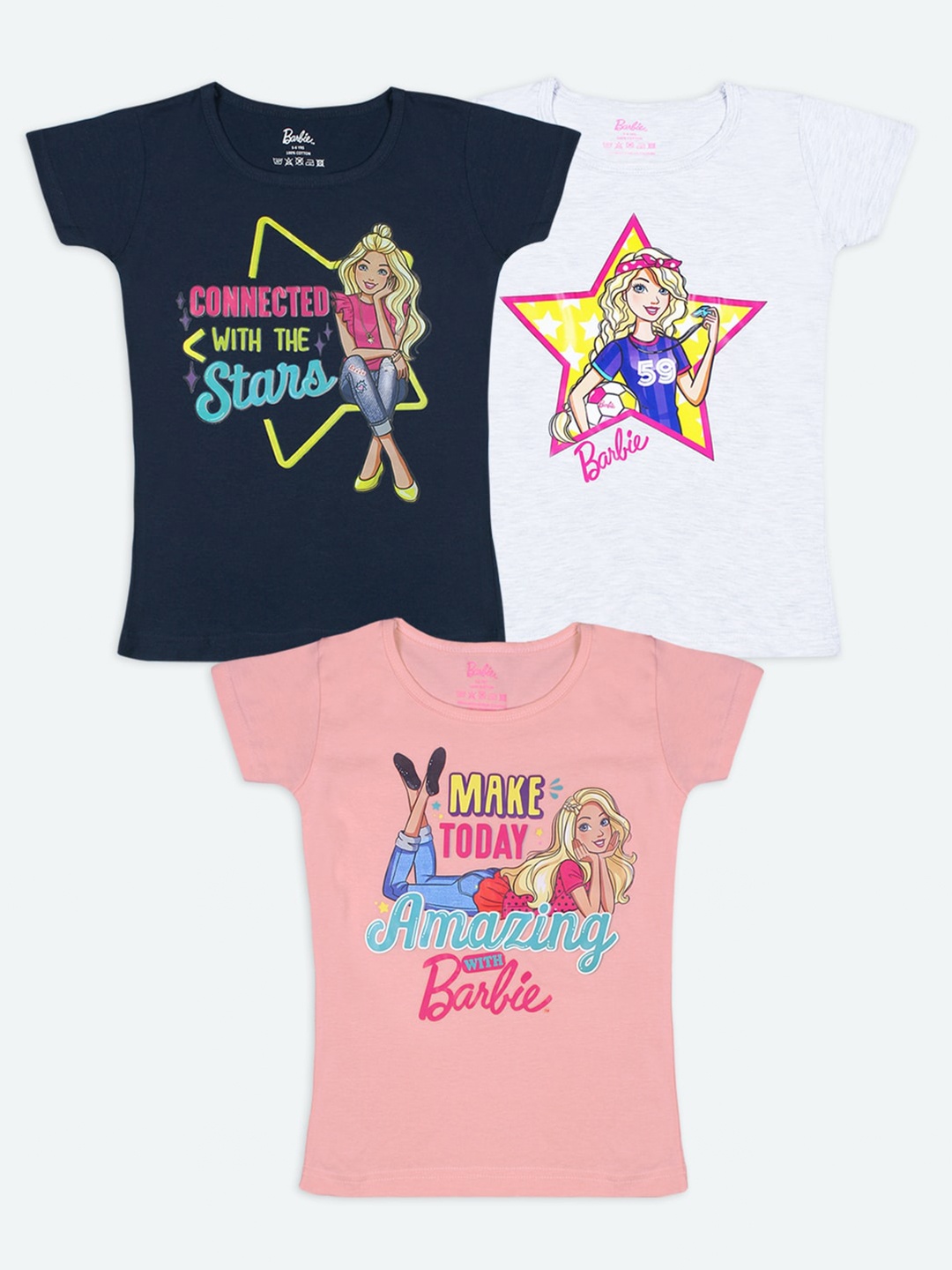 

Barbie Girls Multicoloured Typography Printed Pure Cotton T-shirt-Pack of 3, Multi