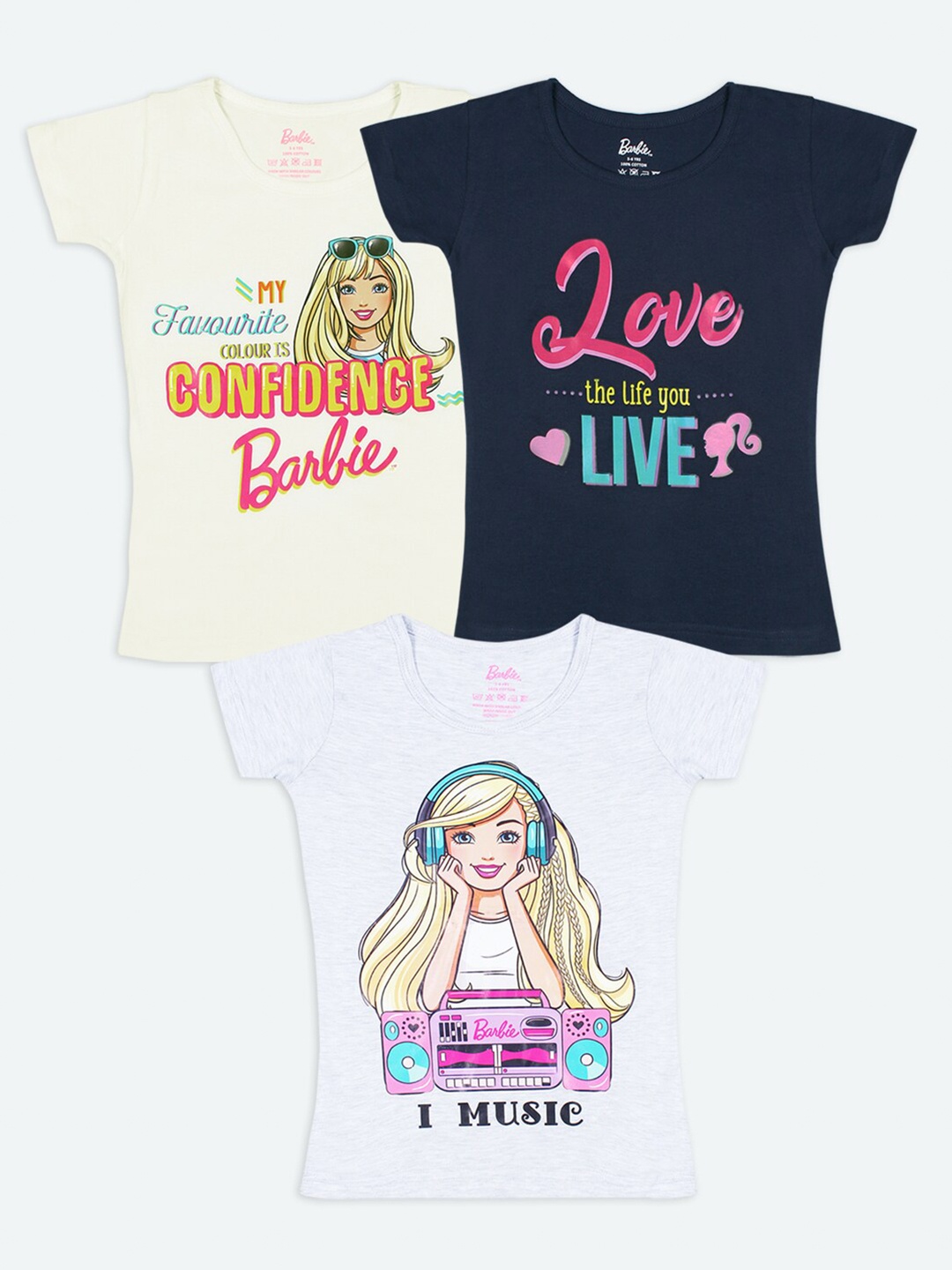 

Barbie Girls Pack Of 3 Off White Navy Blue Ash Barbie Printed Pure Cotton T-shirt, Multi