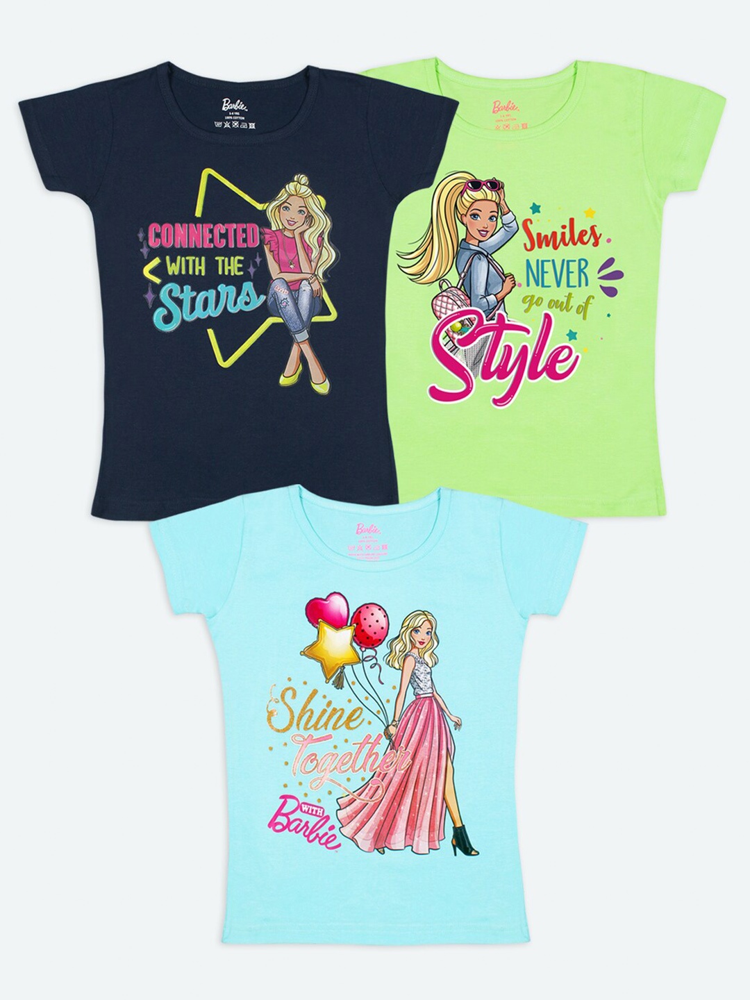 

Barbie Girls Set of 3 Multicolored Humor Printed Cotton Round Neck T-shirt, Black