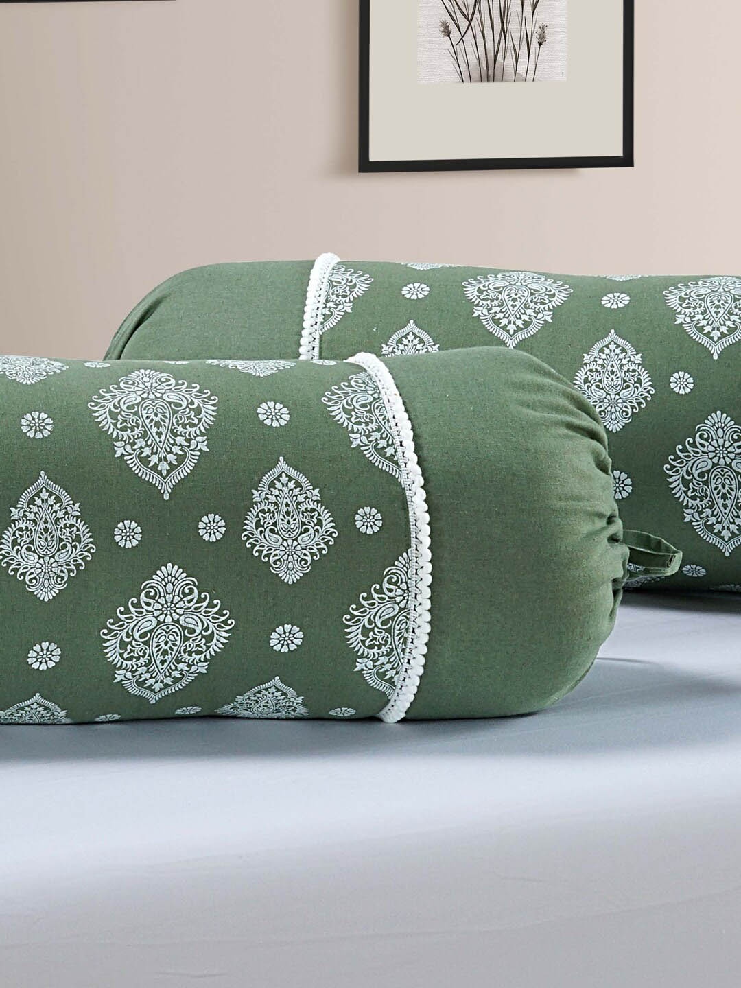 

SWAYAM Set Of 2 Green & White Ethnic Motifs Printed Cotton Bolster Covers