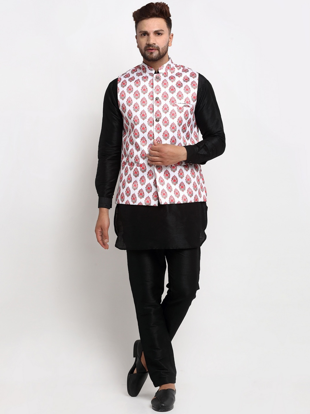 

Benstoke Men Black Dupion Silk Kurta and Pyjama with Nehru Jacket