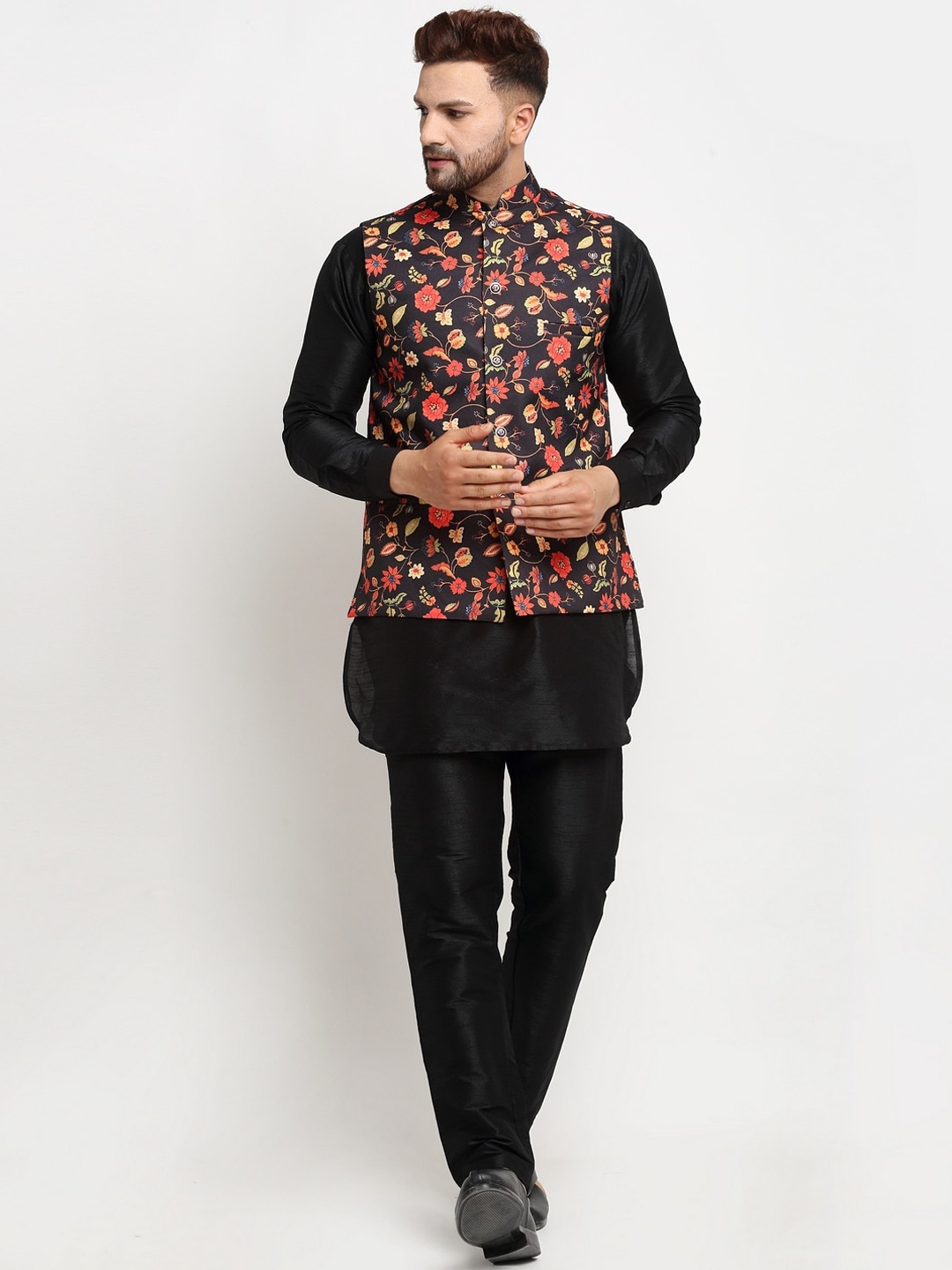 Benstoke Men Black Dupion Silk Kurta with Pyjamas & Nehru Jacket