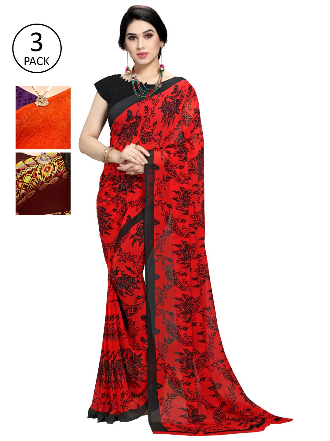 

KALINI Multicoloured Set of 3 Poly Georgette Saree, Multi