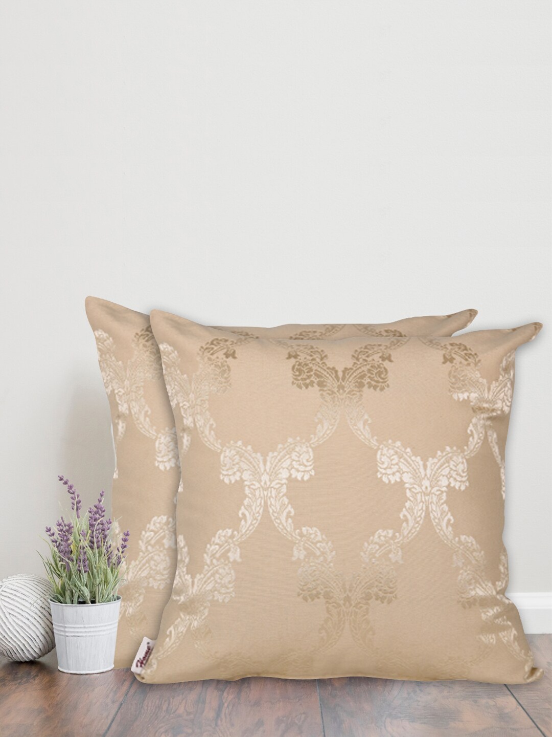 

Home Beige & Gold-Toned Set of 2 Ethnic Motifs Square Cushion Covers