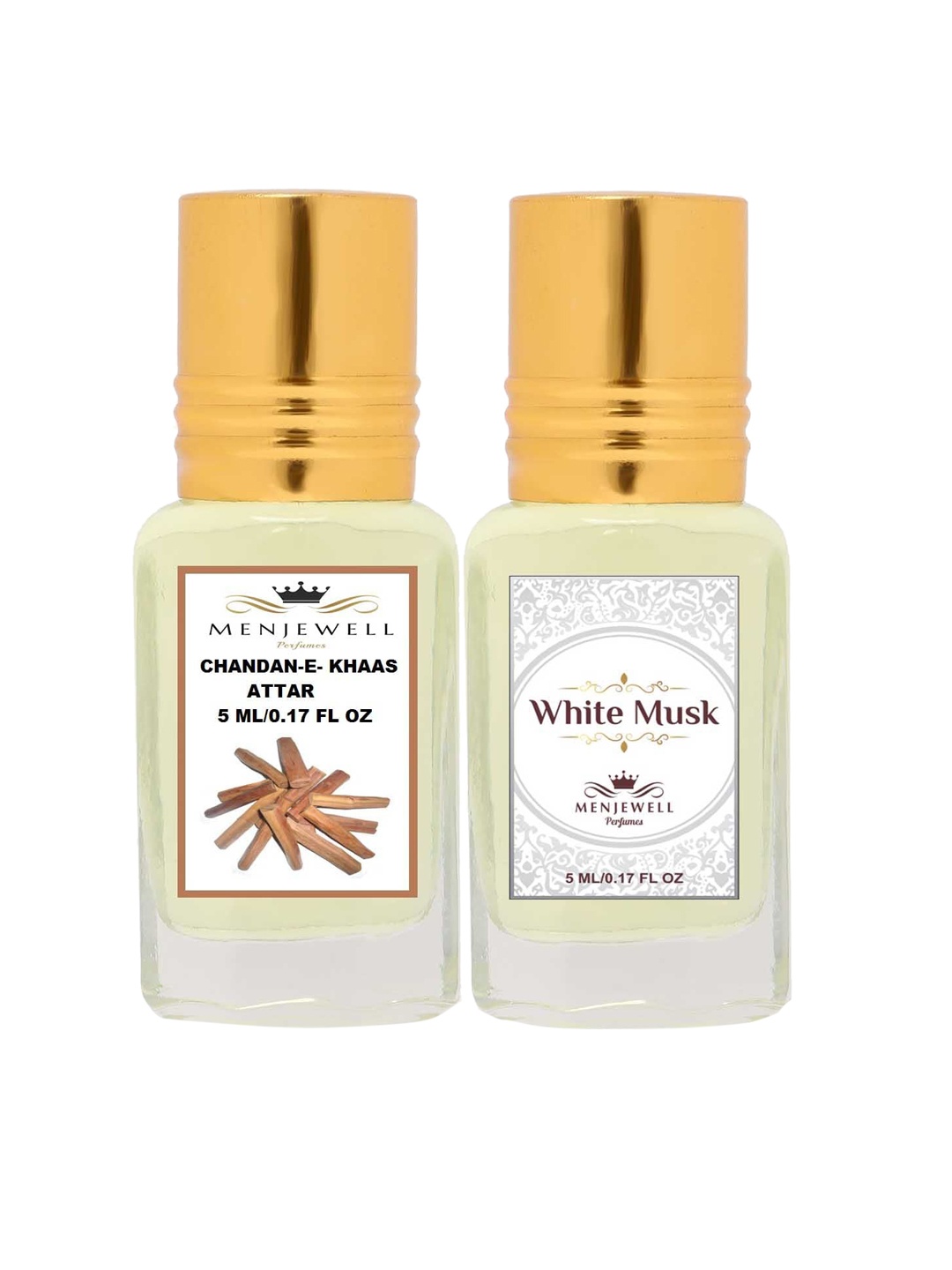 

Menjewell Pack of 2 Attar - Chandan-E-Khaas - White Musk Attar 5ml Each, Gold