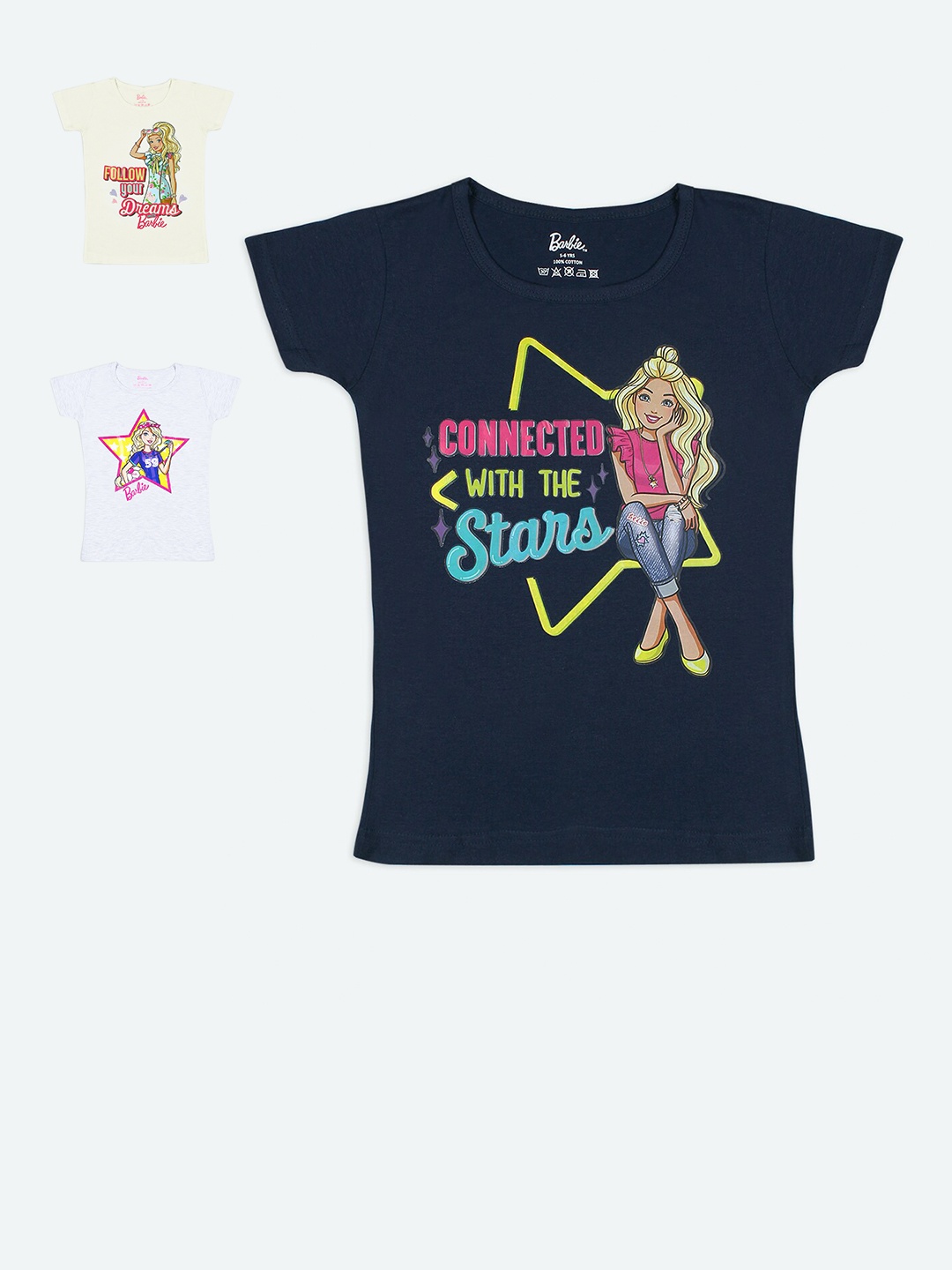 

Barbie Girls Pack of 3 Multicolored Barbie Printed Cotton T-shirts, Multi