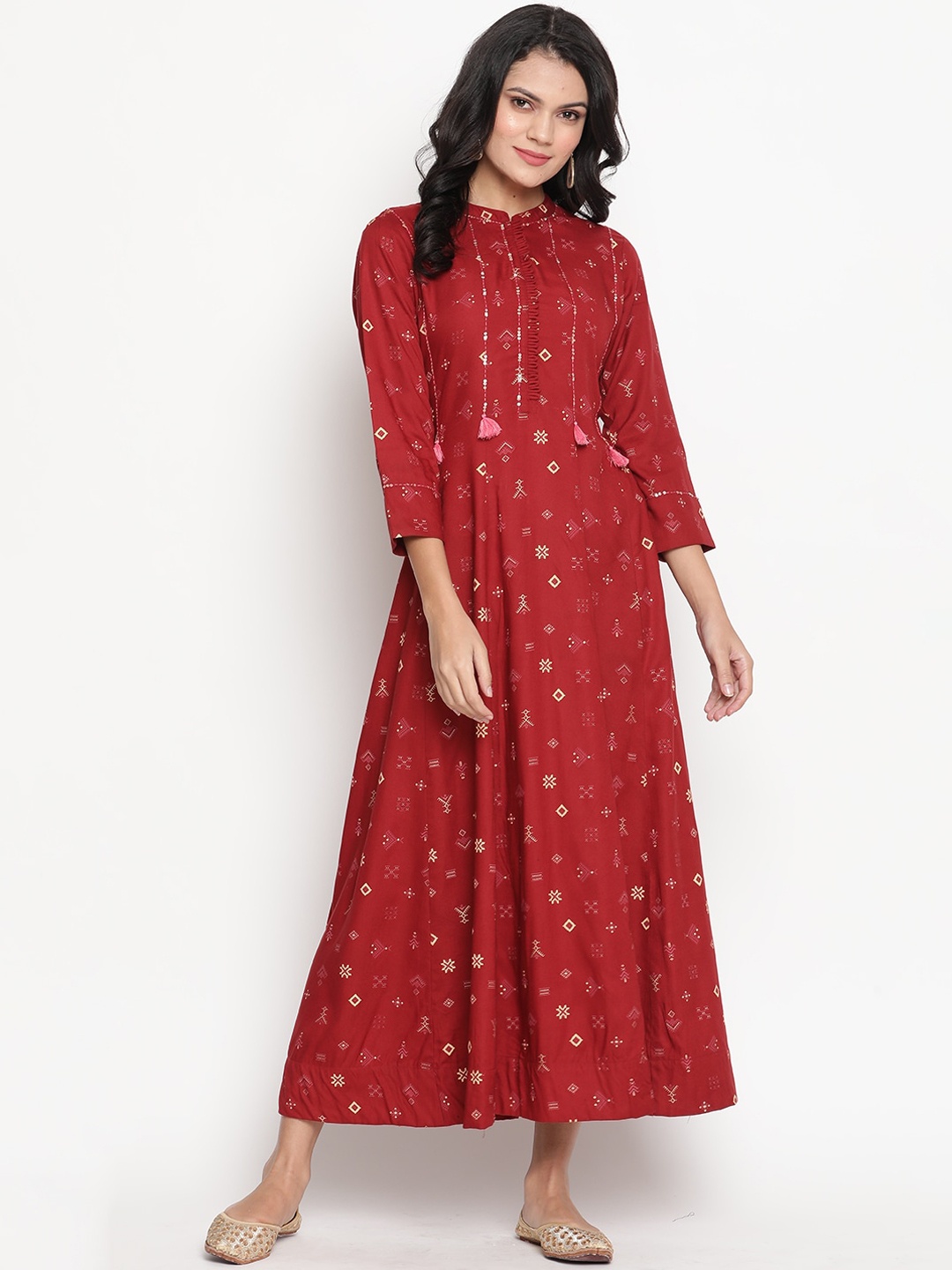 

Be Indi Maroon Foil Printed Sequenced Hand Work Maxi Dress