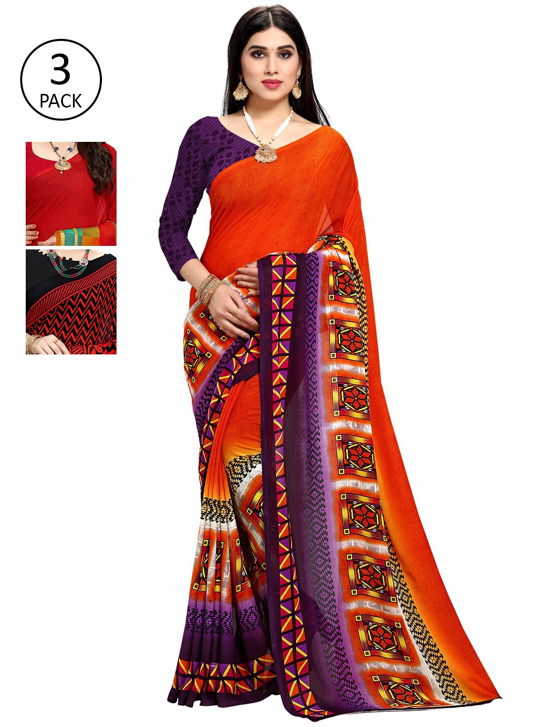 

KALINI Pack of 3 Printed Poly Georgette Sarees, Multi