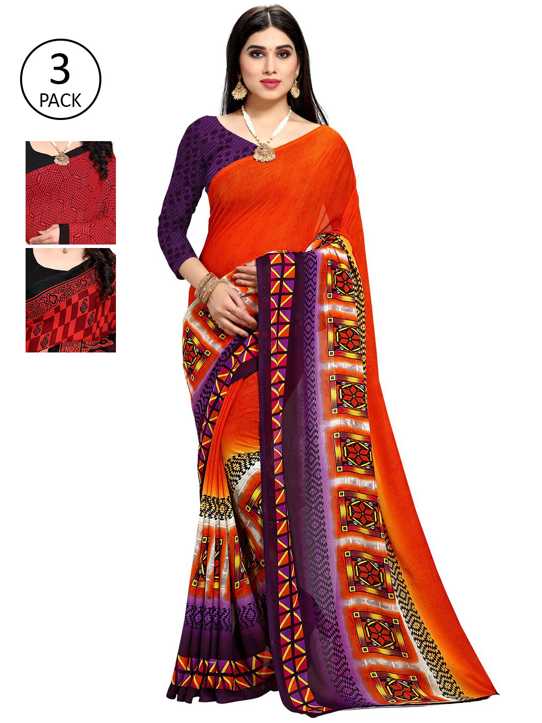 

KALINI Multicoloured Set of 3 Poly Georgette Saree, Multi