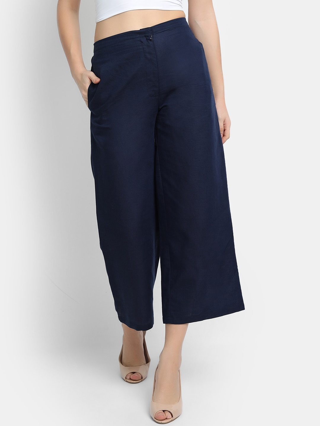 

LY2 Women Navy Blue Loose Fit Linen Culottes Trousers