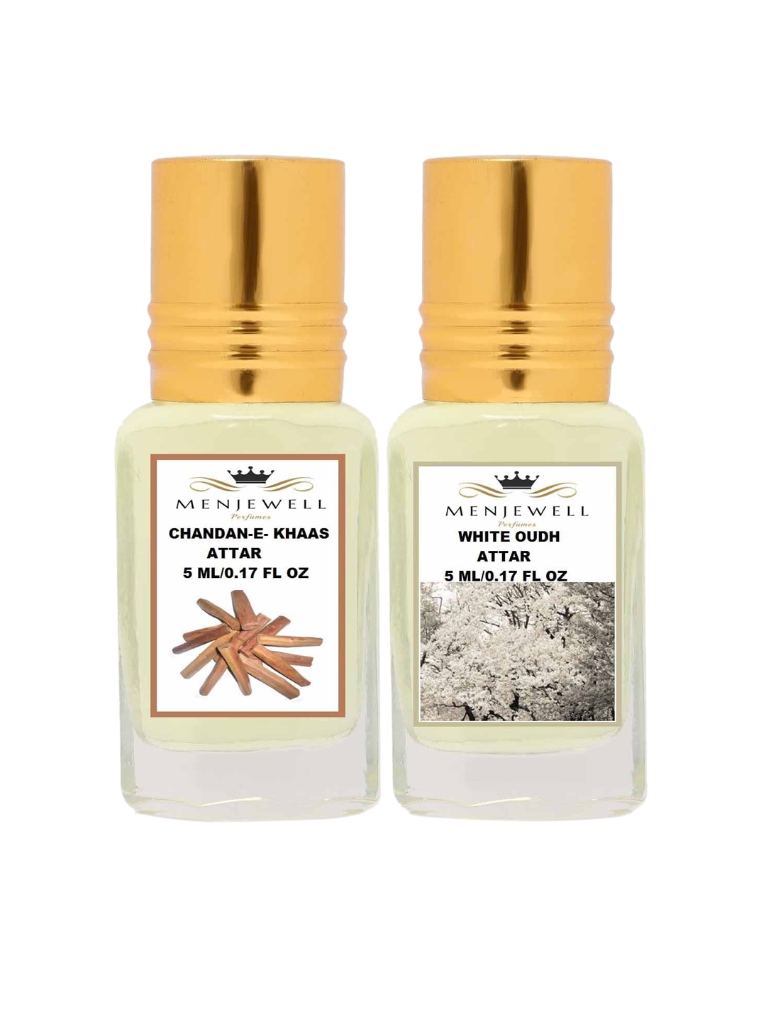 

Menjewell Chandan-E-Khaas & White Oudh Attar Combo 10 ml, Transparent