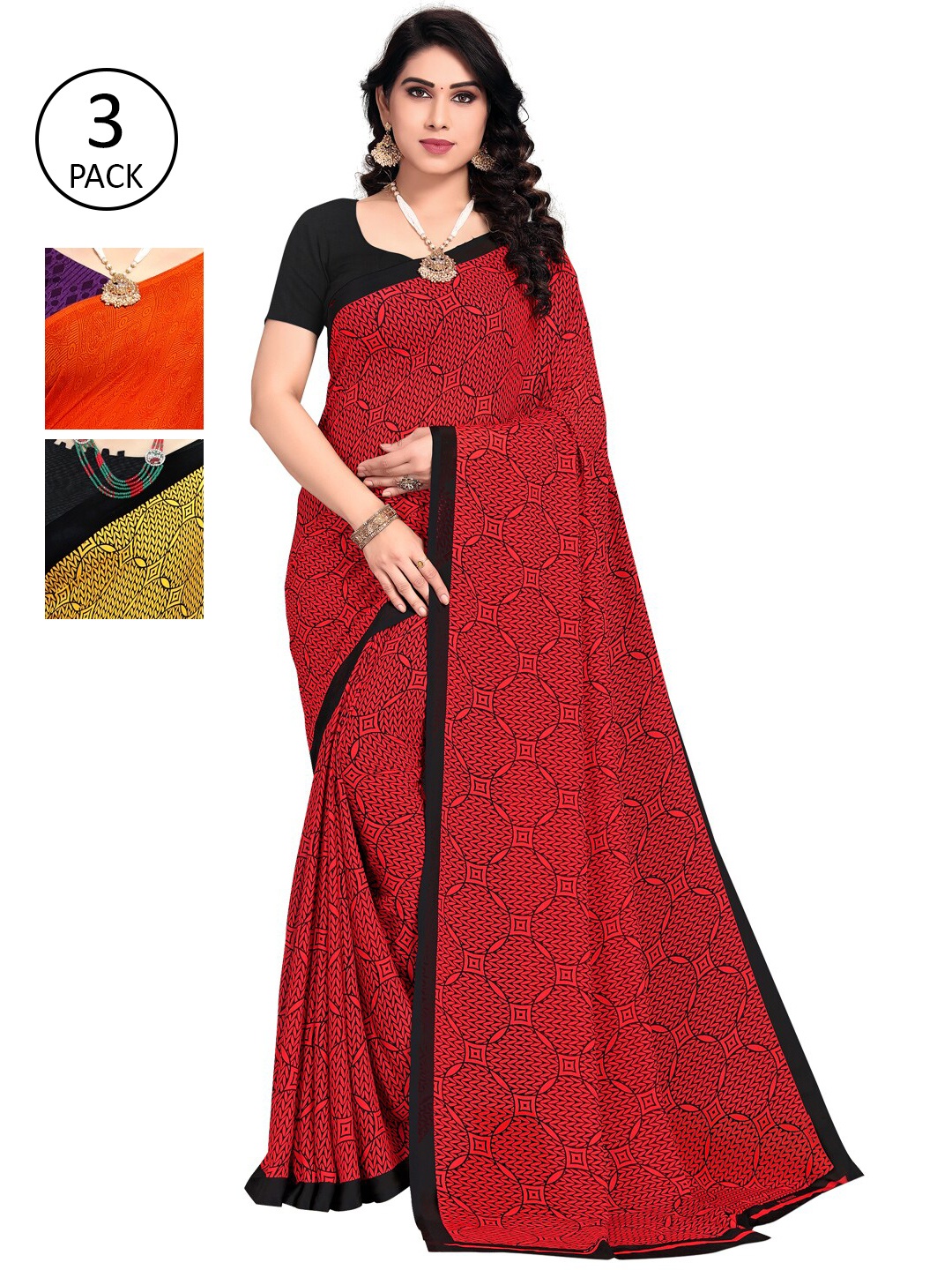 

KALINI Multicoloured Set of 3 Poly Georgette Saree, Multi