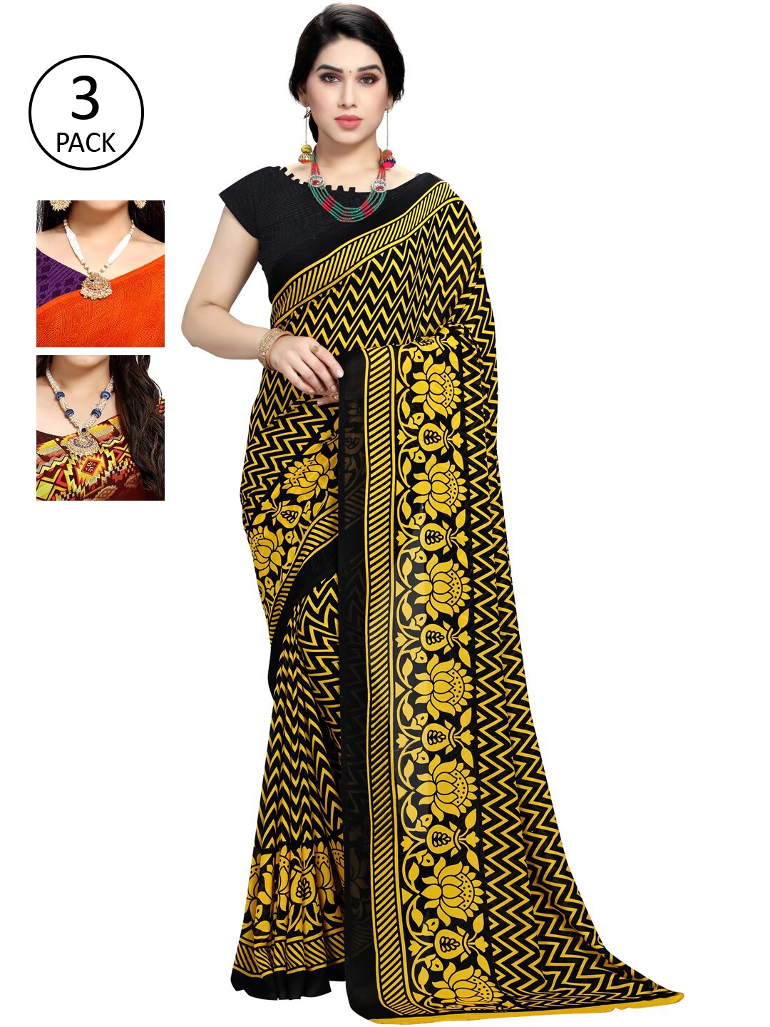 

KALINI Multi Pack of 3 Printed Saree, Orange