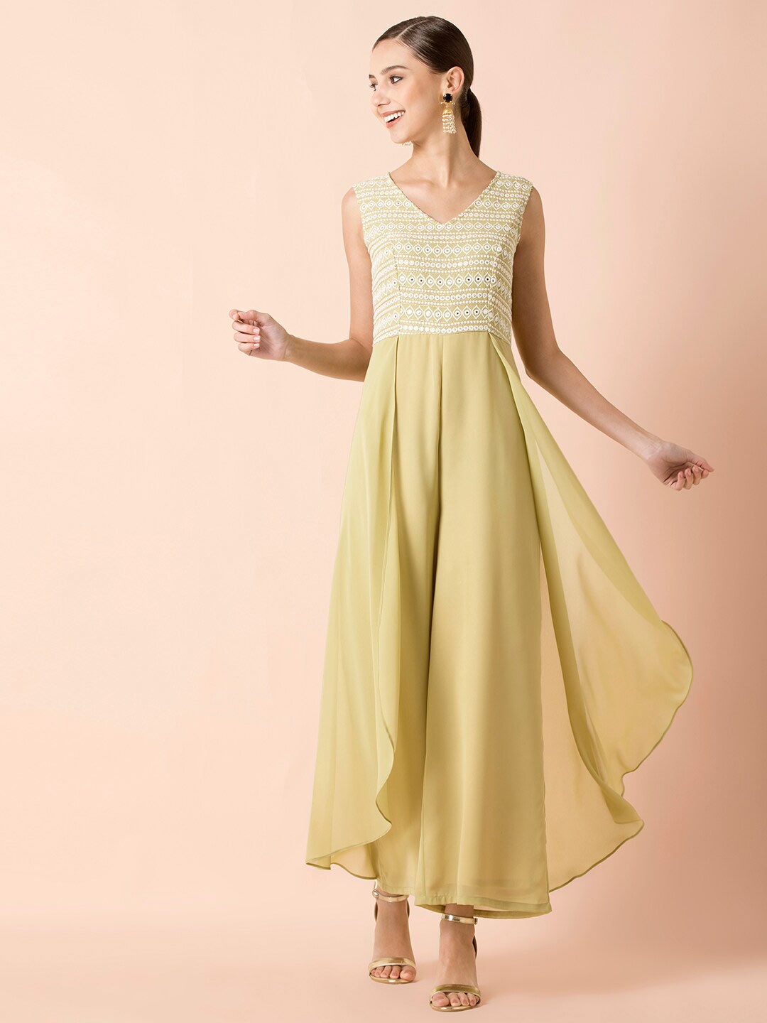 

INDYA Green Basic Jumpsuit with Layered