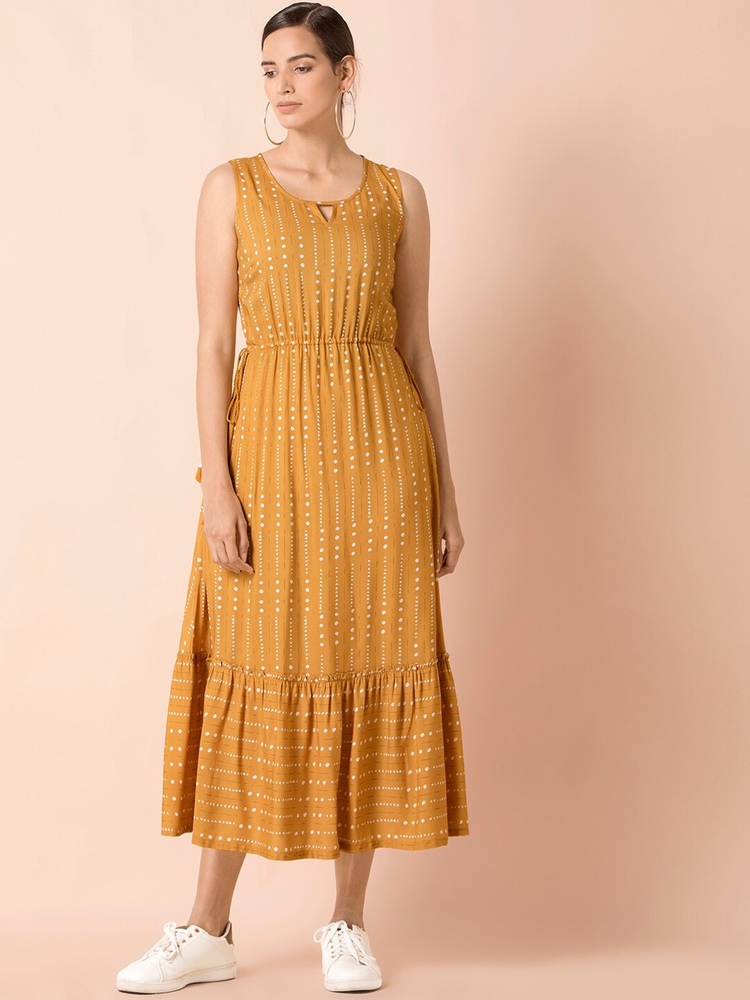 

INDYA Women Mustard Flared Printed Midi Dress, Yellow