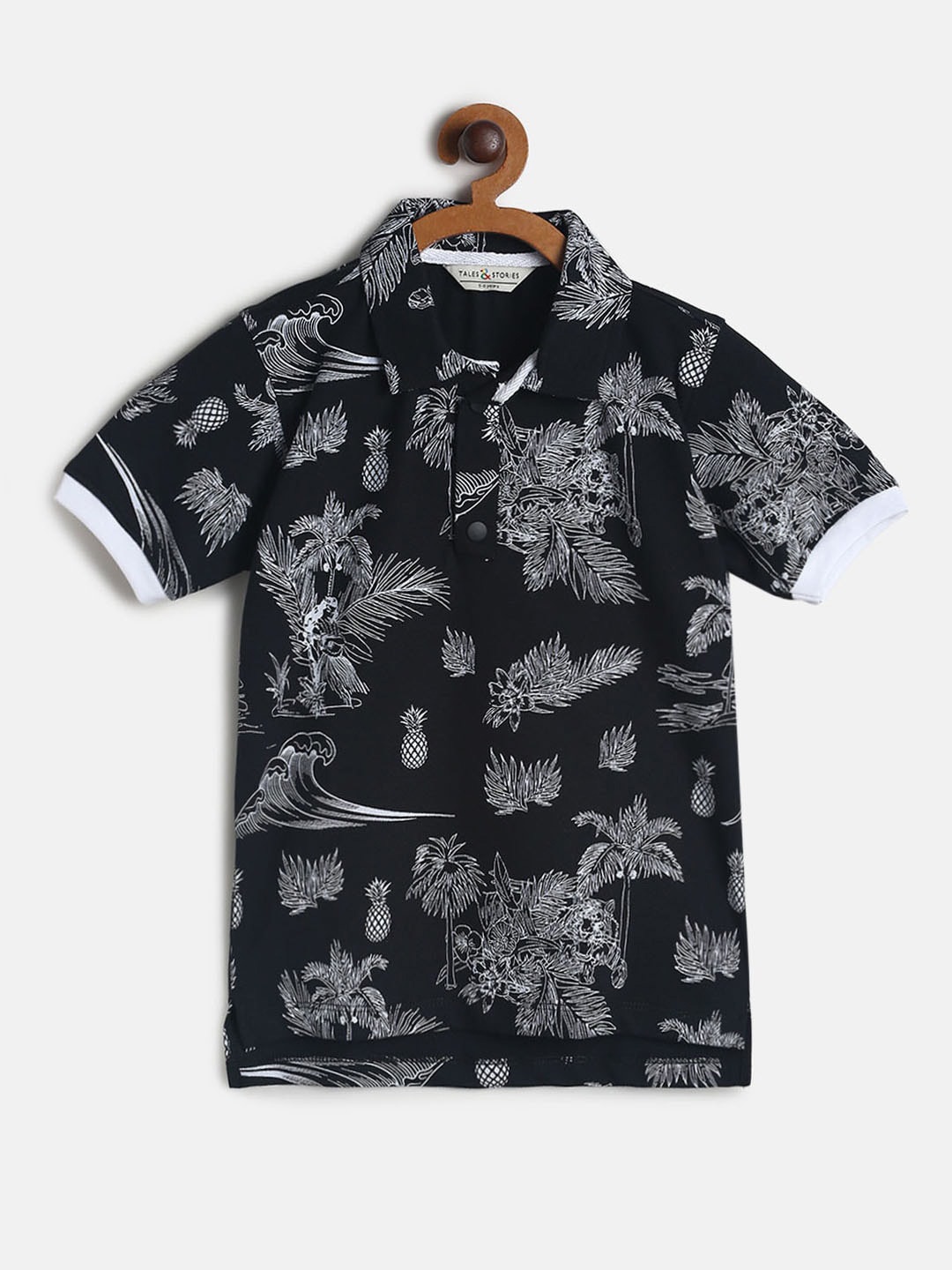

TALES & STORIES Boys Black Tropical Printed Polo Collar T-shirt