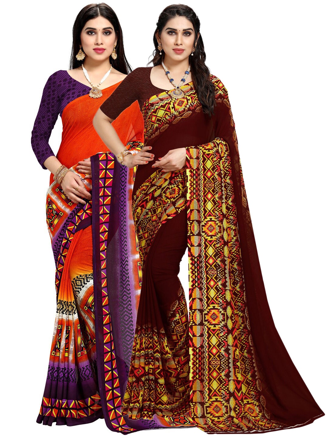 

KALINI Pack of 2 Orange & Brown Saree