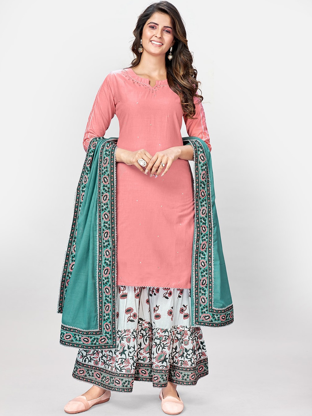 

Vbuyz Women Pink Ethnic Motifs Layered Kurta with Sharara & With Dupatta