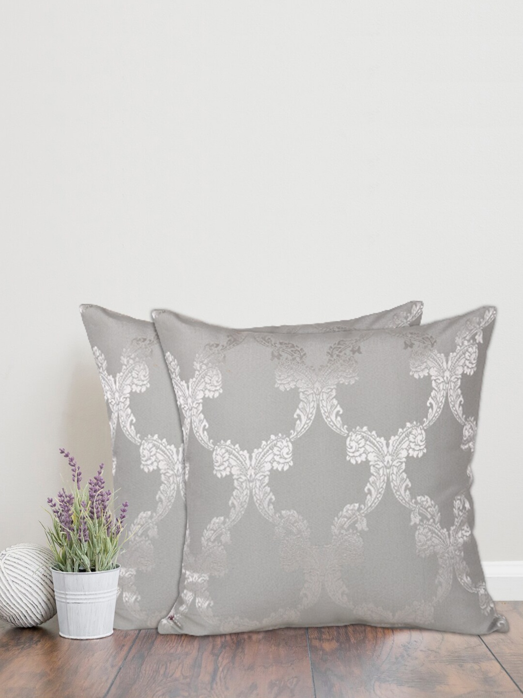 

Home Grey & Silver-Toned Set of 2 Ethnic Motifs Square Cushion Covers