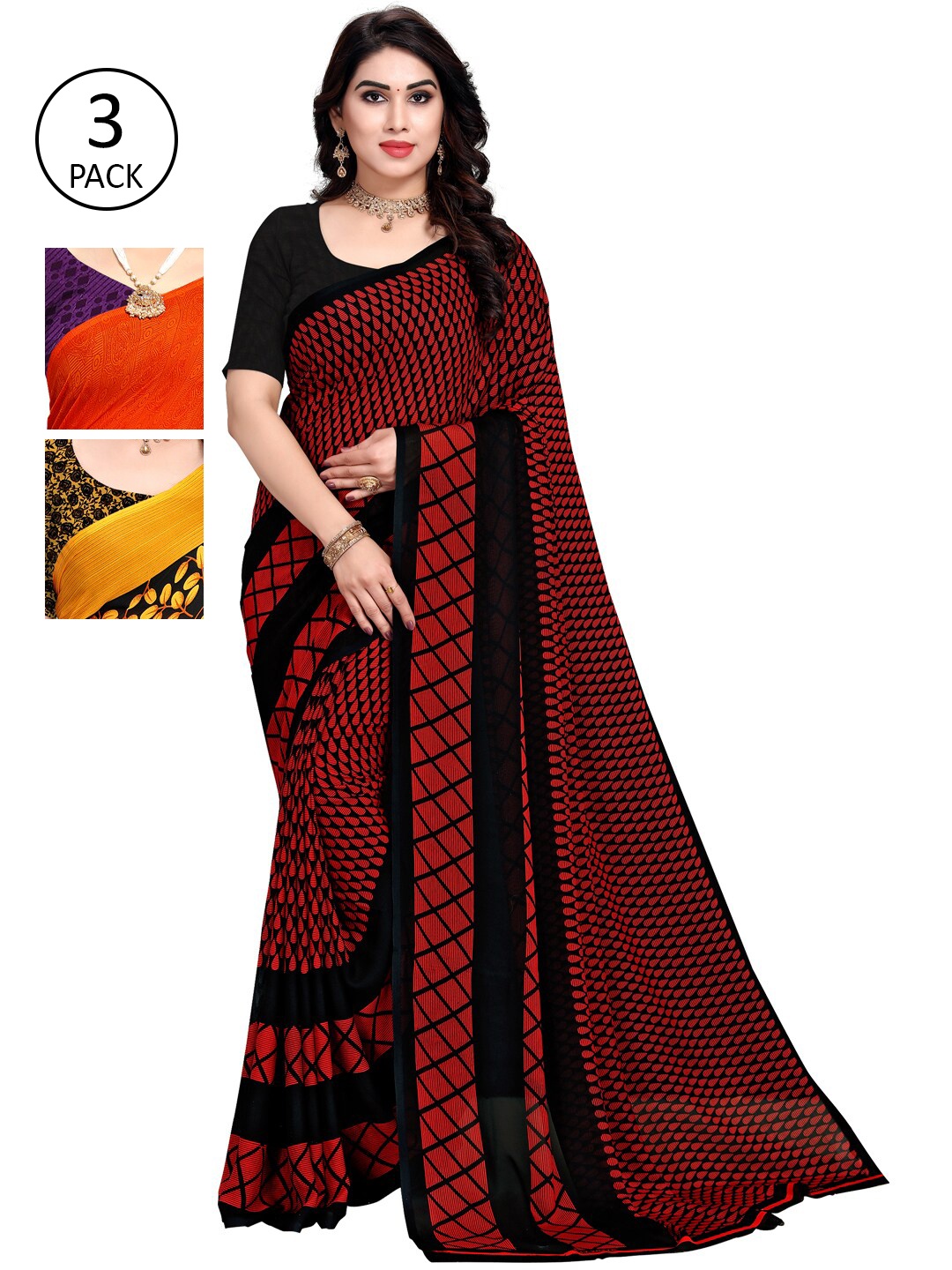 

KALINI Multicoloured Set of 3 Poly Georgette Saree, Multi