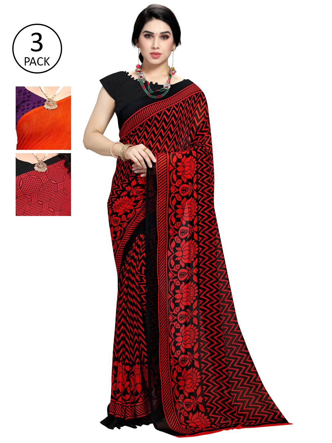 

KALINI Multicoloured Set of 3 Poly Georgette Saree, Multi