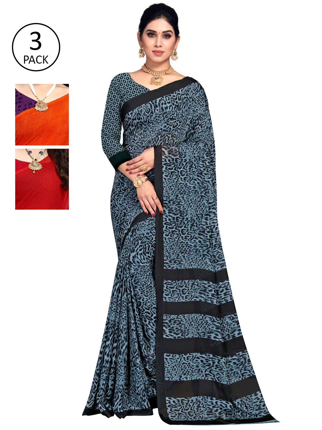 

KALINI Multicoloured Set of 3 Poly Georgette Saree, Multi