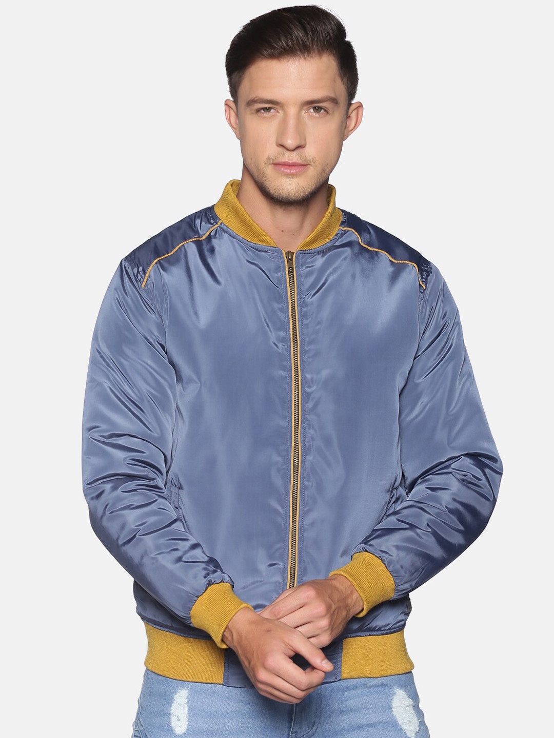 

Campus Sutra Men Blue Colourblocked Bomber Jacket