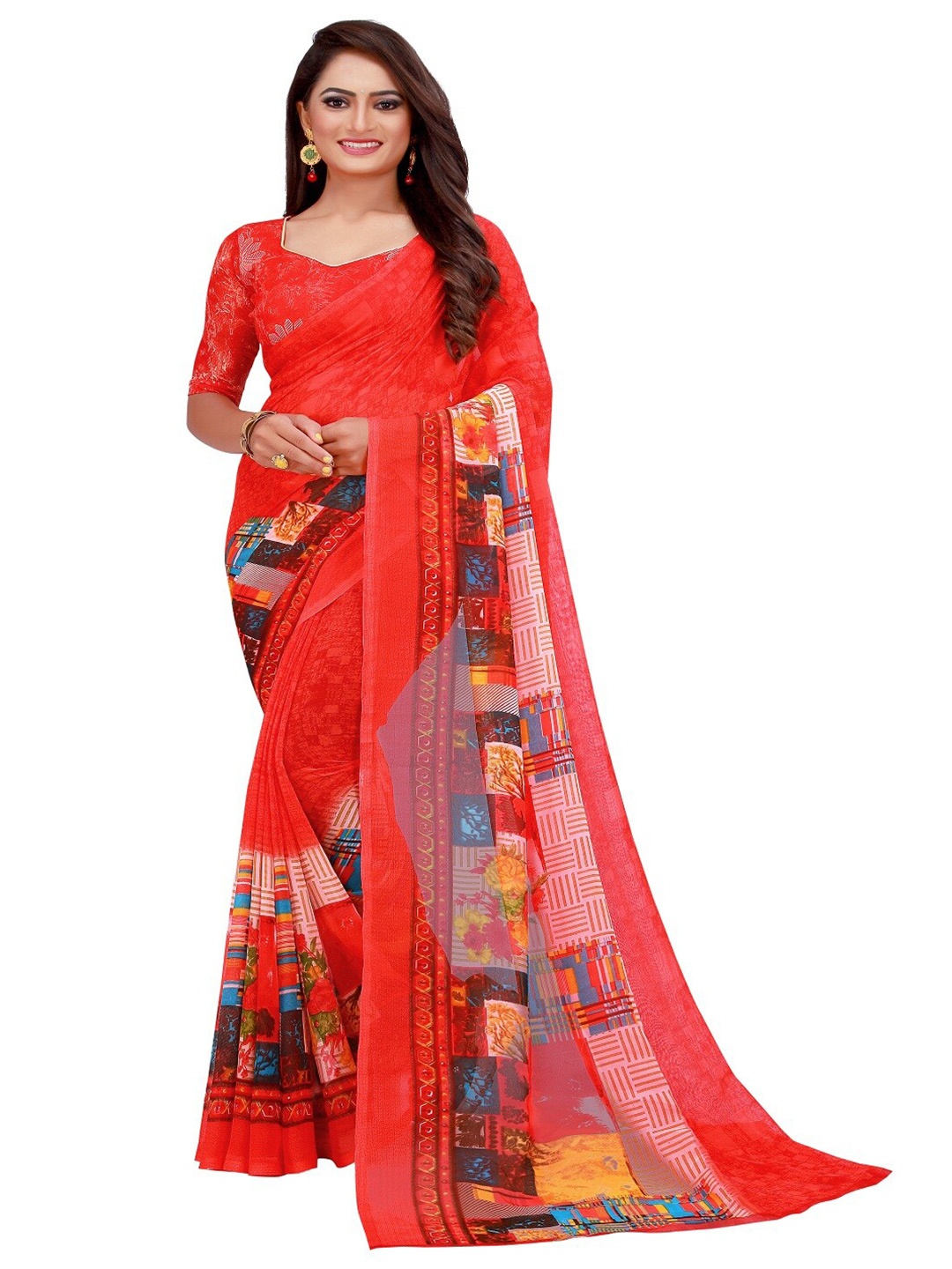 

KALINI Red & Blue Ethnic Motifs Saree