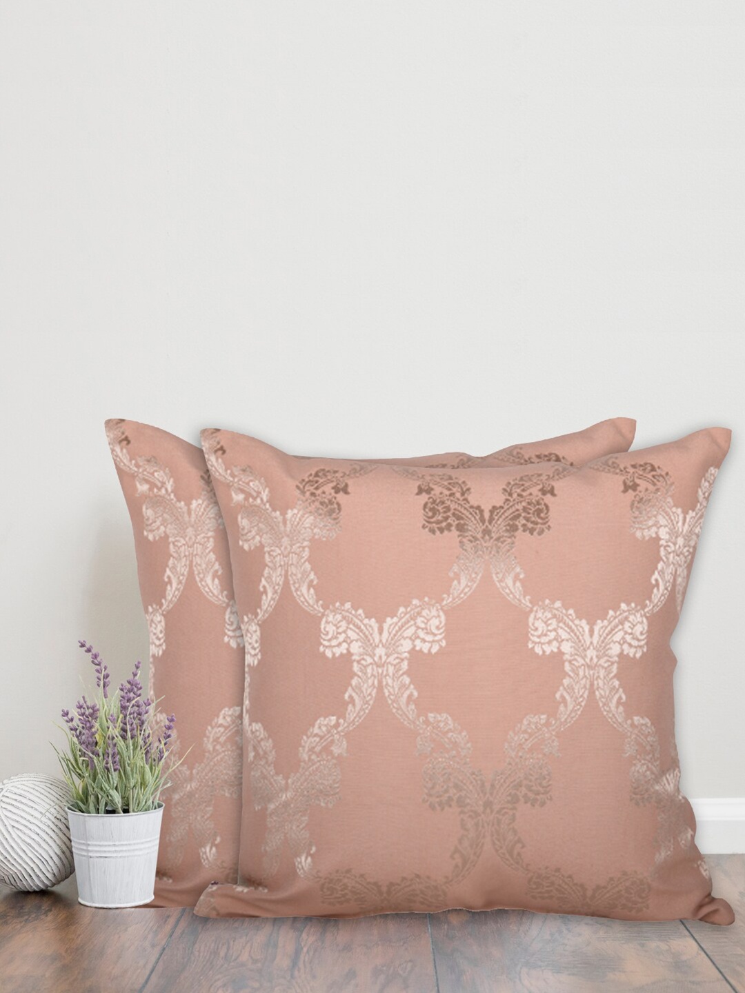 Home Peach-Coloured & Gold-Toned Set of 2 Ethnic Motifs Square Cushion Covers