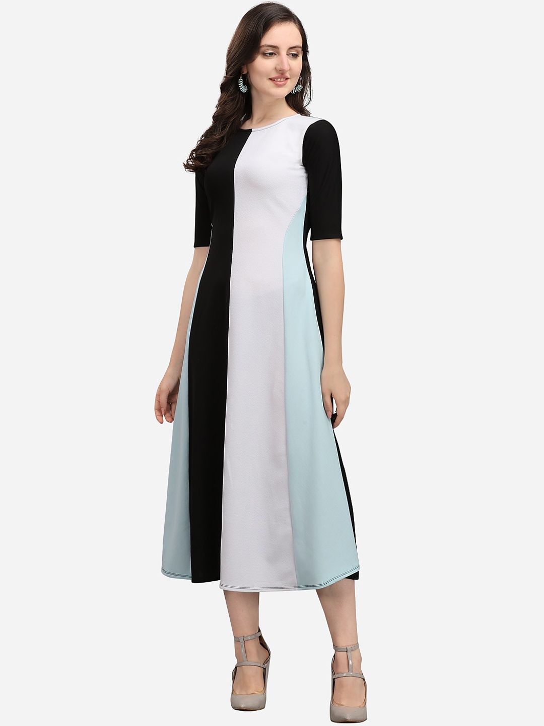 

PURVAJA Women Blue Colourblocked A-Line Midi Dress