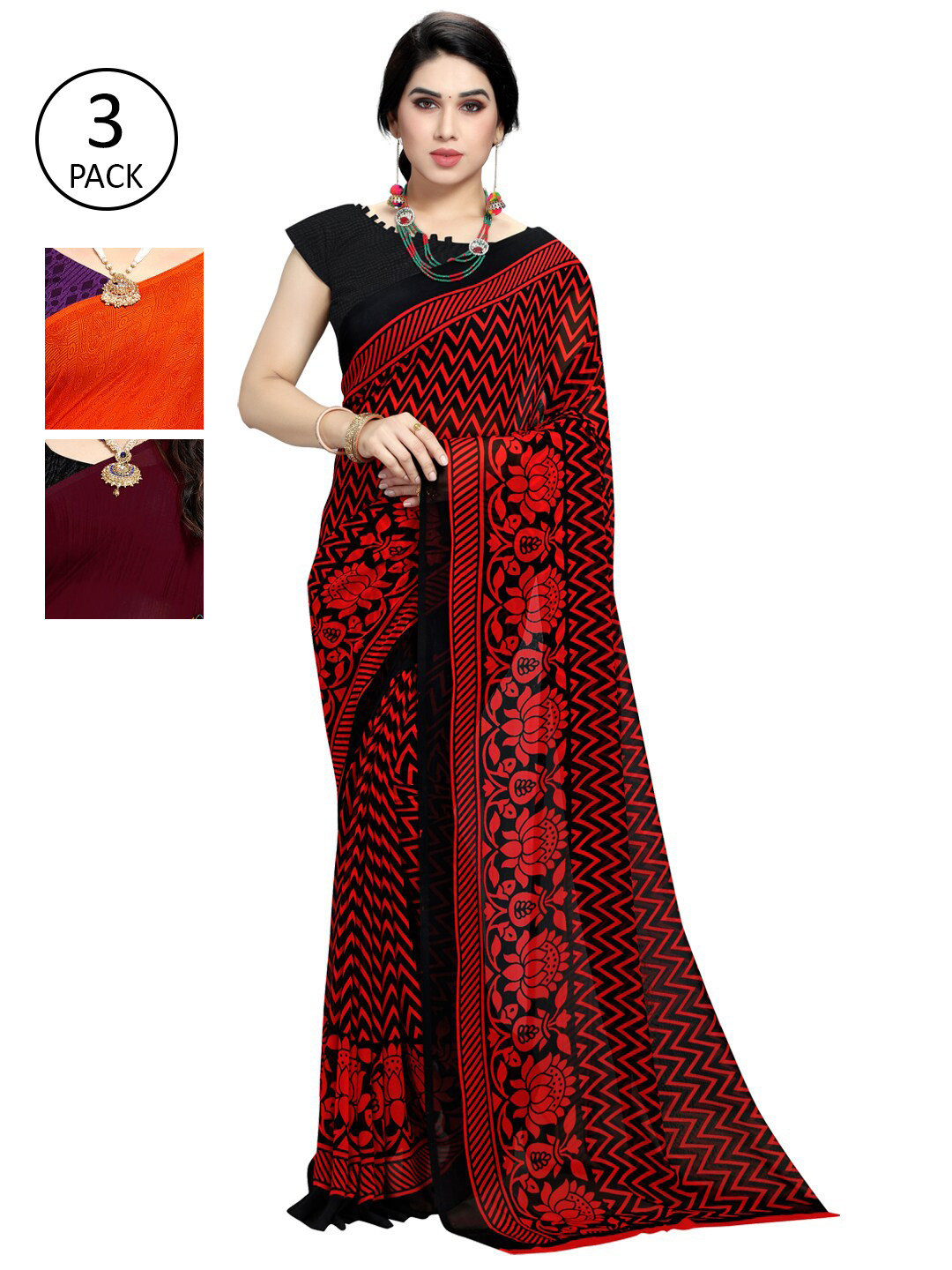 

KALINI Multicoloured Set of 3 Poly Georgette Saree, Multi