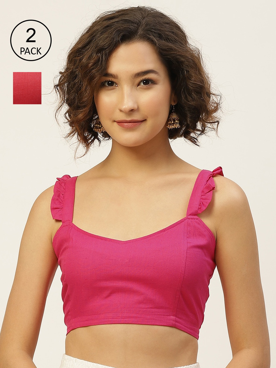 

Molcha Pack of 2 Cotton Back Open Non Padded Blouse, Red