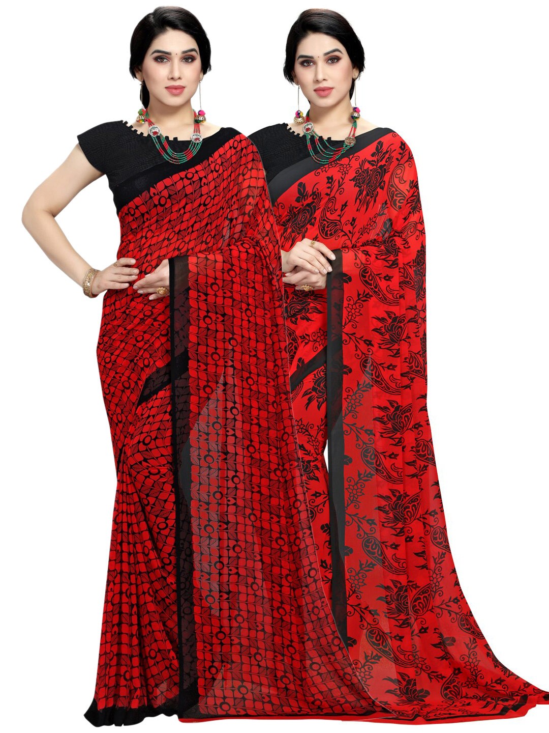 

KALINI Pack of 2 Red & Orange Floral Saree
