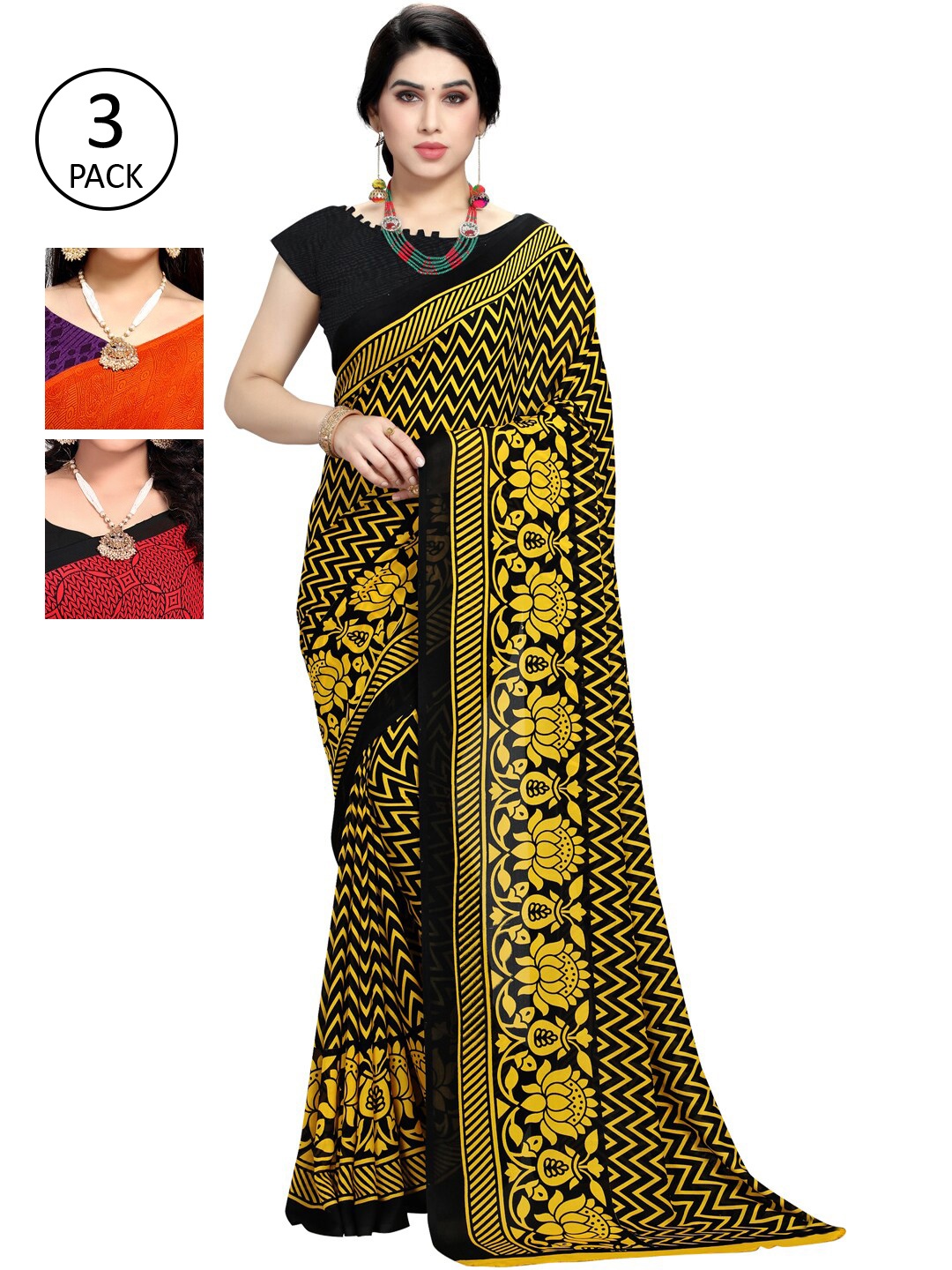 

KALINI Multicoloured Set of 3 Poly Georgette Saree, Multi