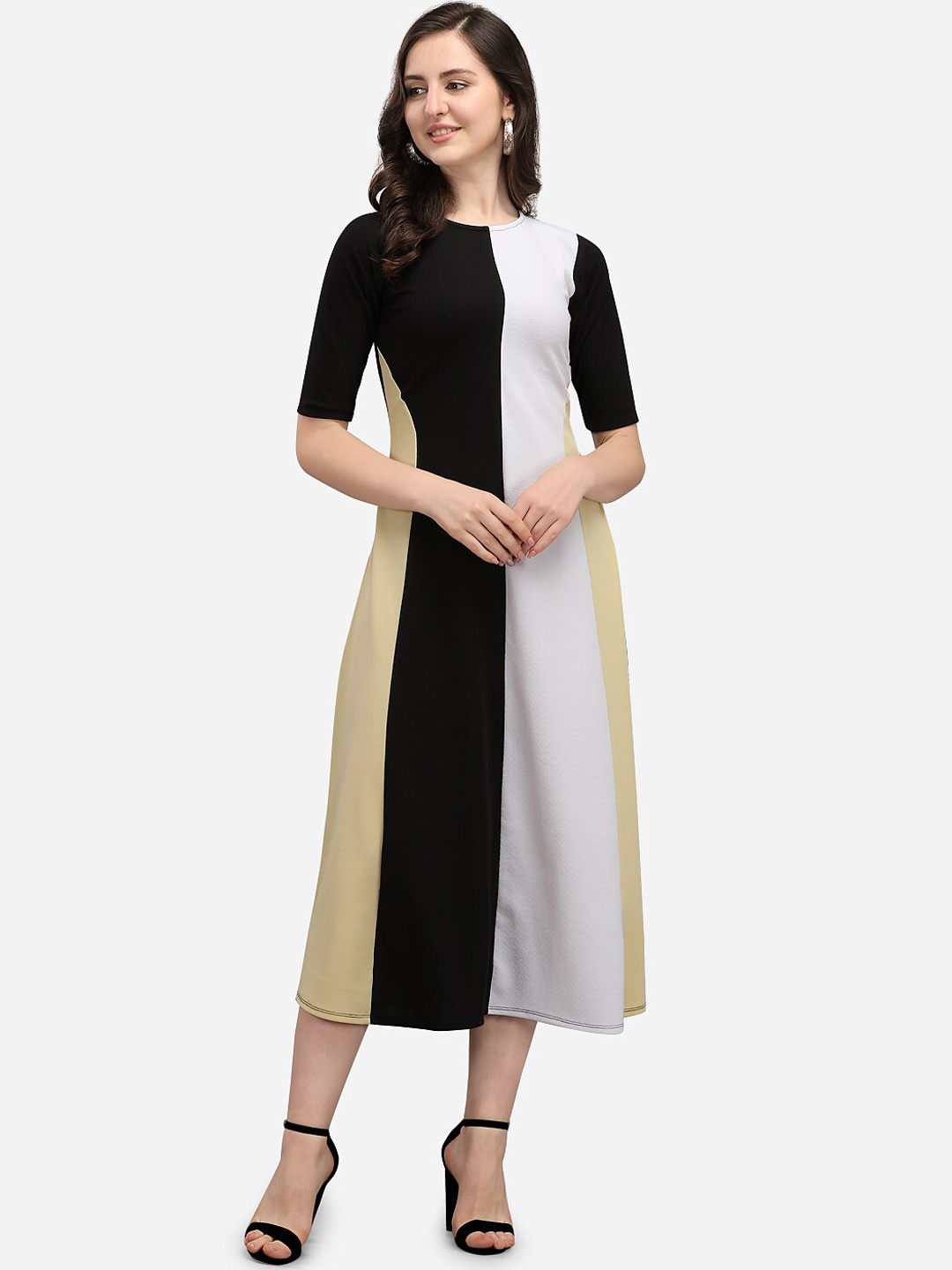 

PURVAJA Women Yellow Black & White Colourblocked A-Line Midi Dress