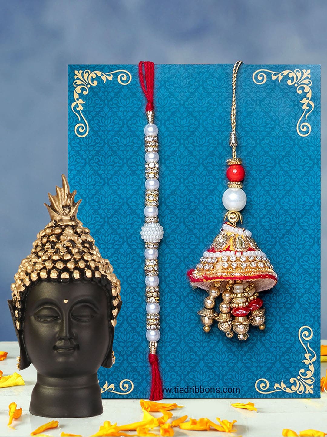 

TIED RIBBONS White & Black Bhaiya Bhabhi Lumba Rakhi with Buddha Idol Gift Pack