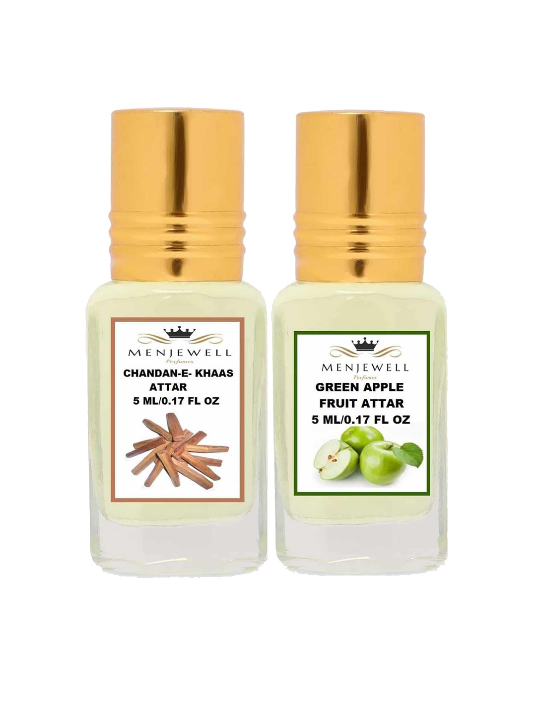 

Menjewell Set of 2 Chandan-E-Khaas & Green Apple Fruit Attars, Transparent