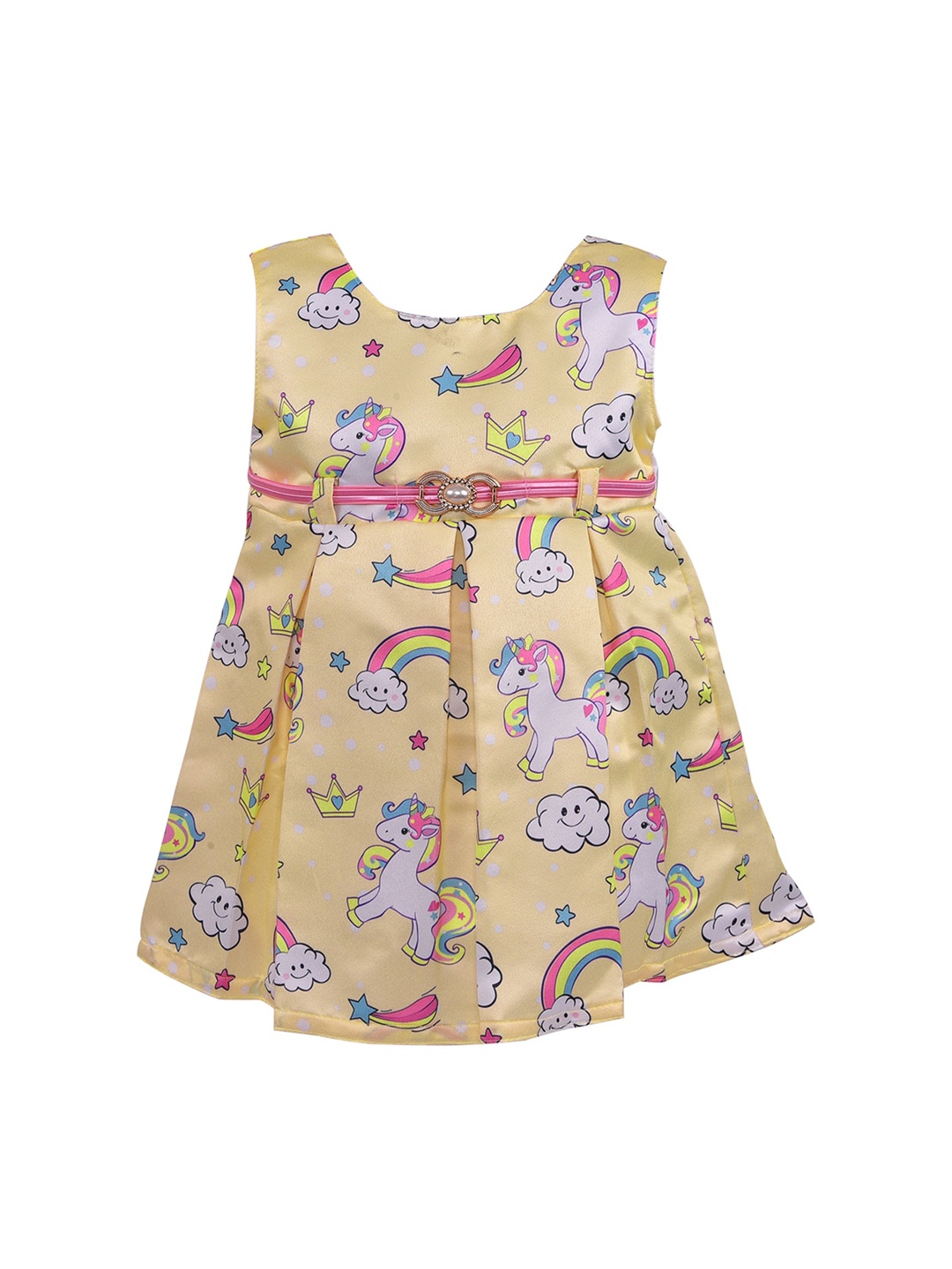 

Wish Karo Girls Yellow & Pink Fit & Flare Satin Dress with Belt