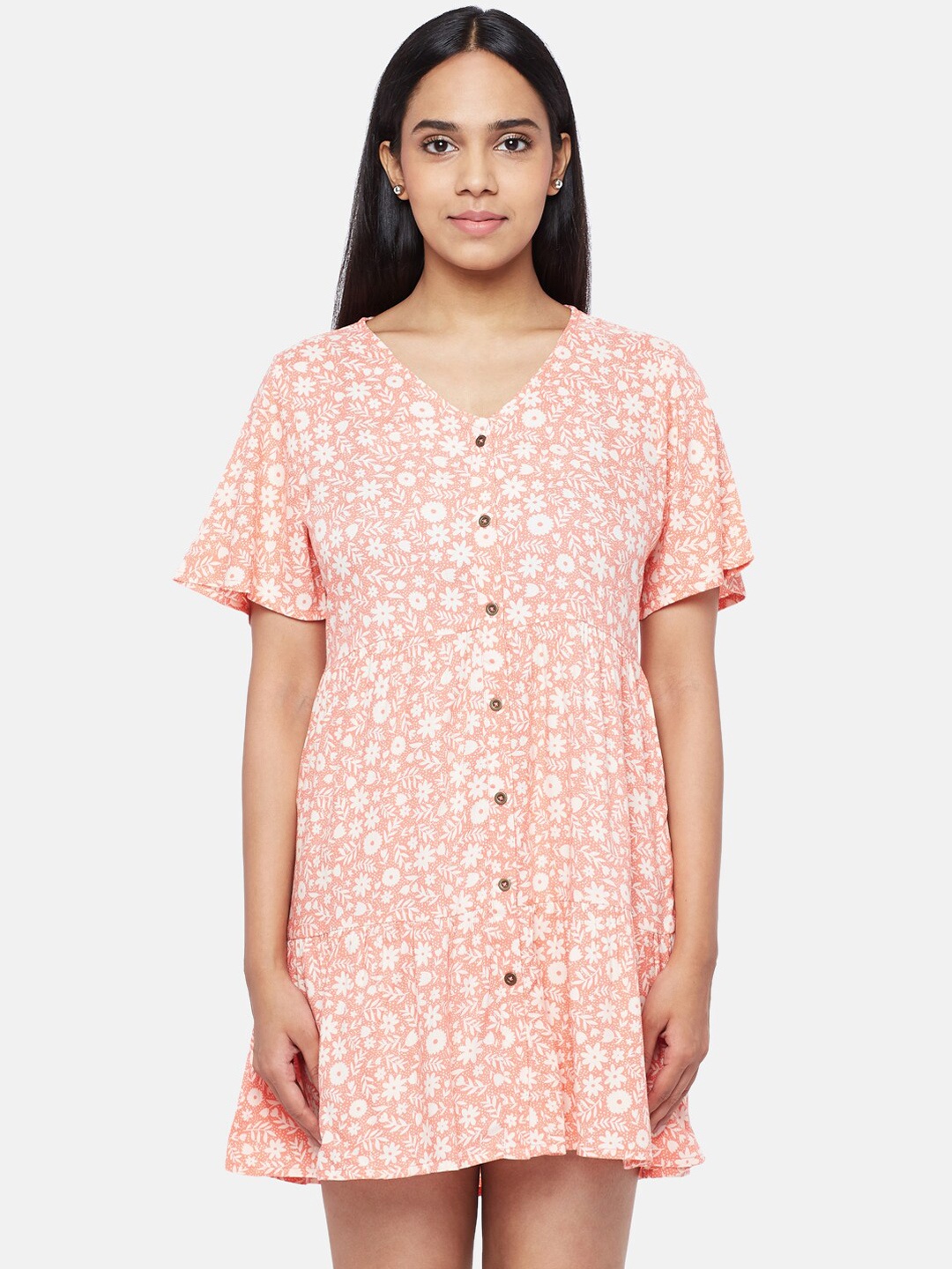 

People Women Coral Floral Print A Line Dress