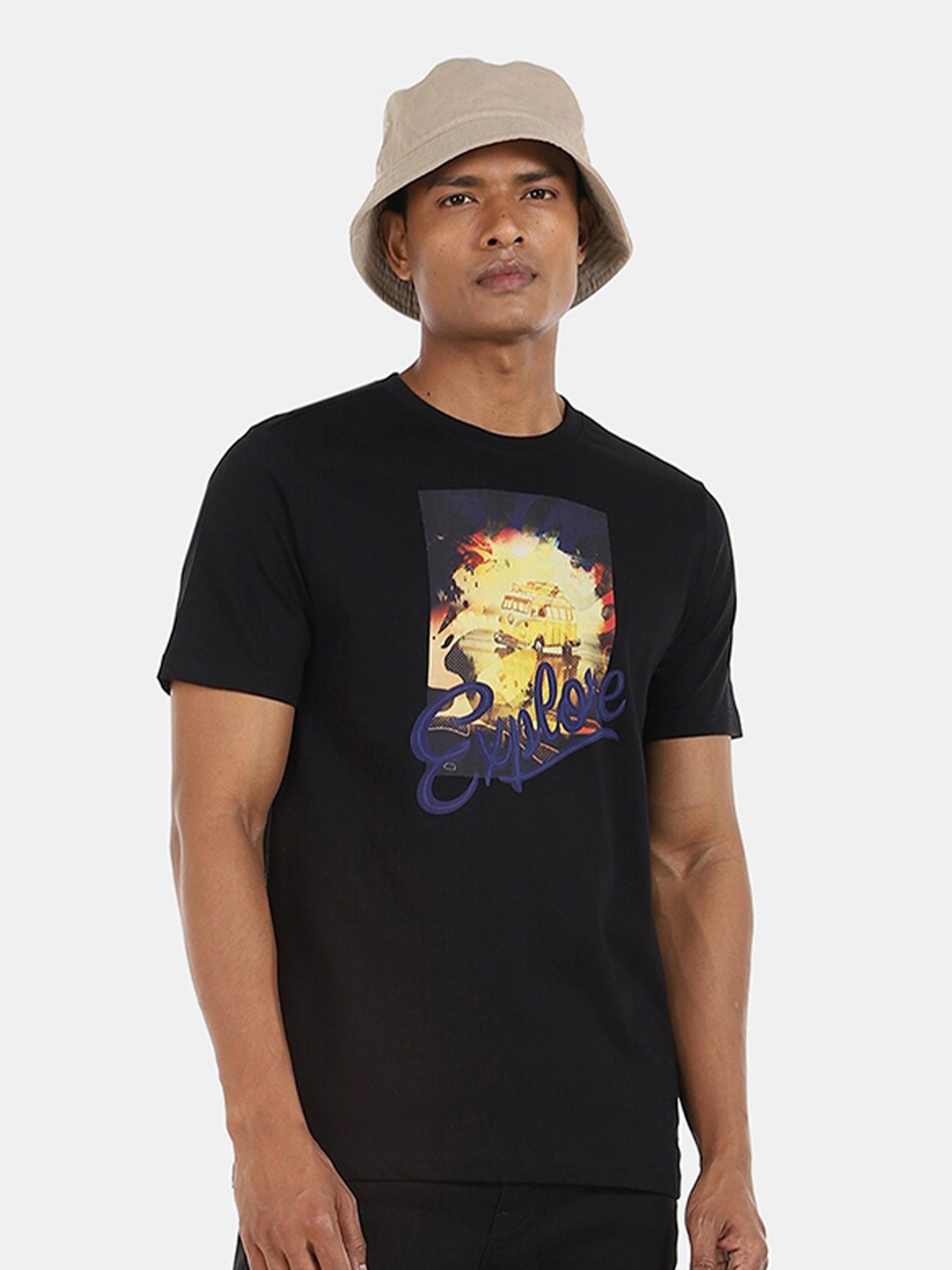 

Colt Men Black Graphic Printed Slim Fit Cotton Pure Cotton T-shirt