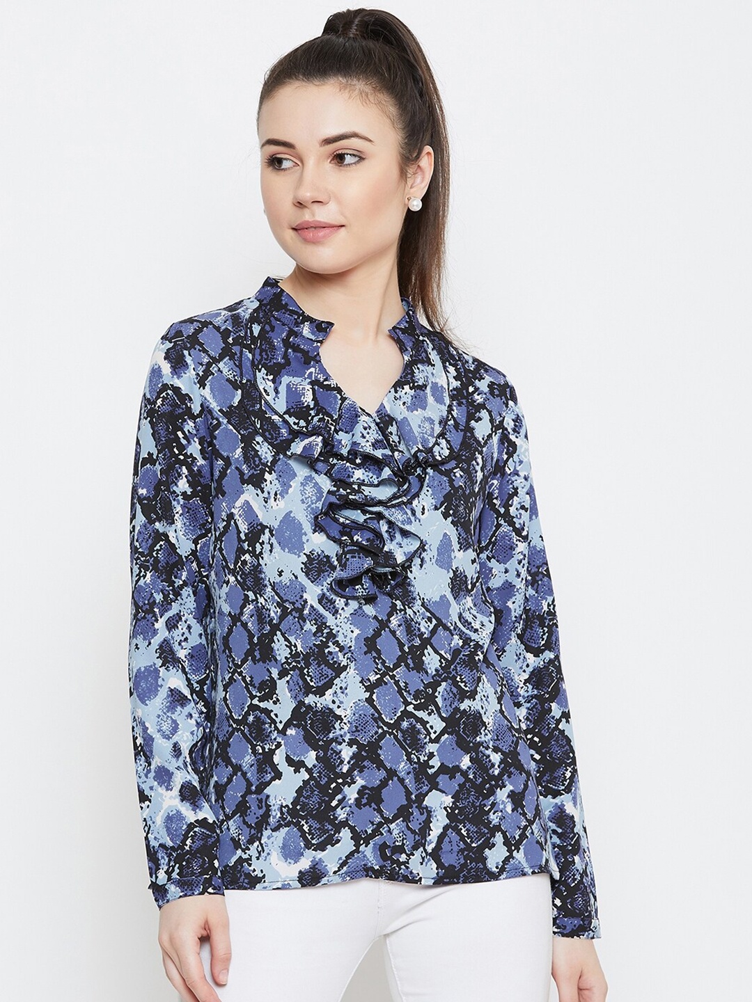 

La Zoire Blue Mandarin Collar Georgette A-Line Top