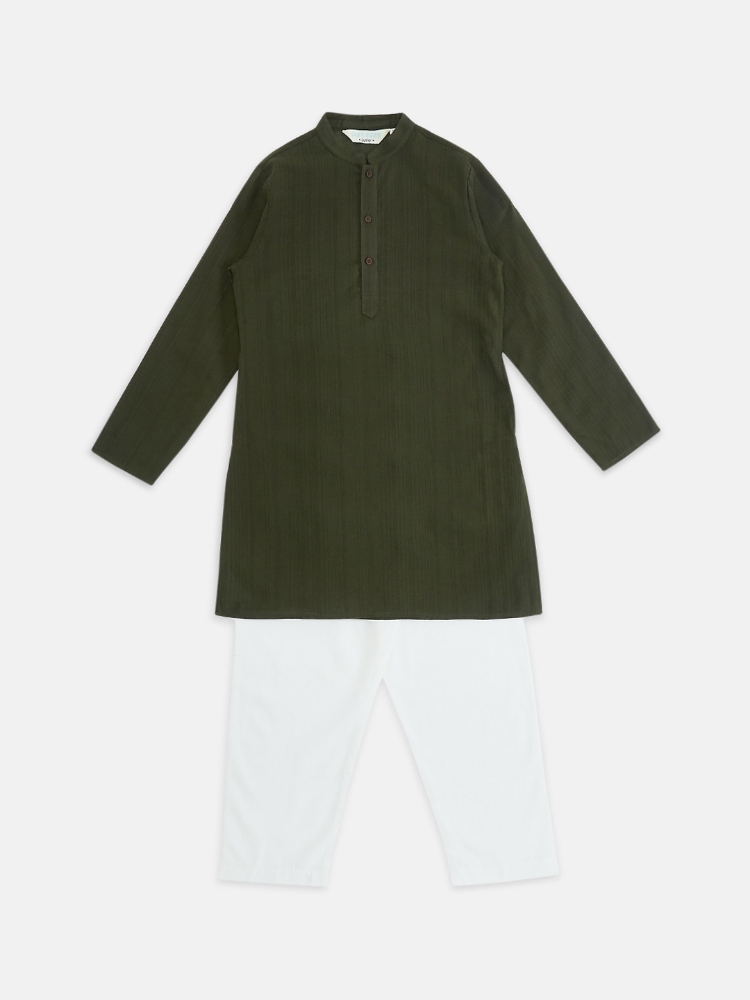 

indus route by Pantaloons Boys Olive Green & White Pure Cotton Kurta with Pyjamas