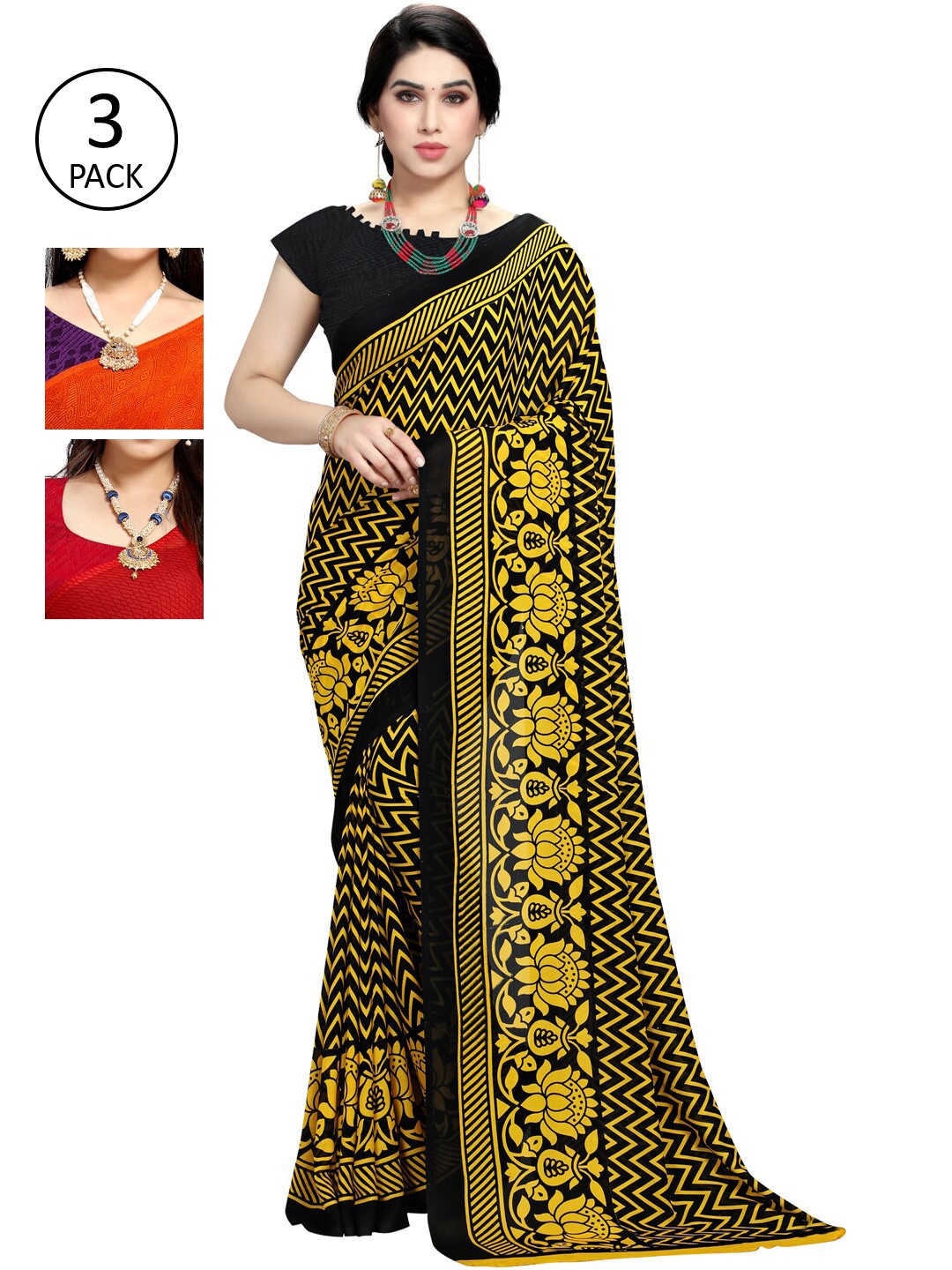 

KALINI Multicoloured Set of 3 Poly Georgette Saree, Multi